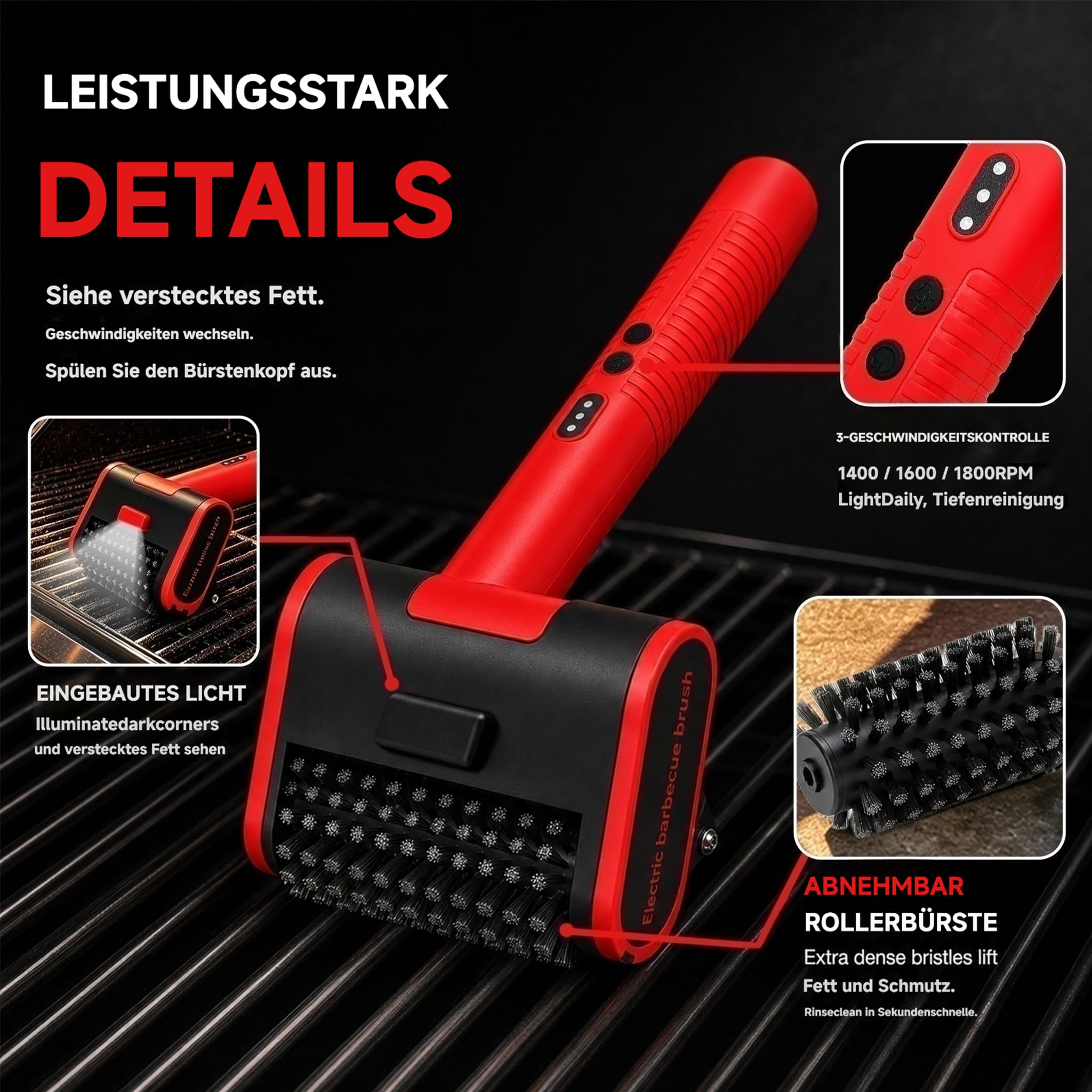 Grillbürste, Grill Reinigungsbürste mit Edelstahlborsten, Grillrost Reiniger für Gasgrill, Holzkohlegrill, Kugelgrill, Edelstahl- und Gusseisenrost