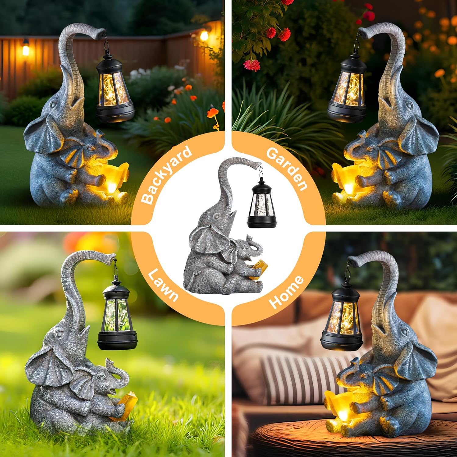 Solar Garden Statue Lights Loving Elephants Figurine with Solar Lantern, Outdoor Yard Decorations for Patio Porch Home, Housewarming Elephant Gifts for Mom, Women