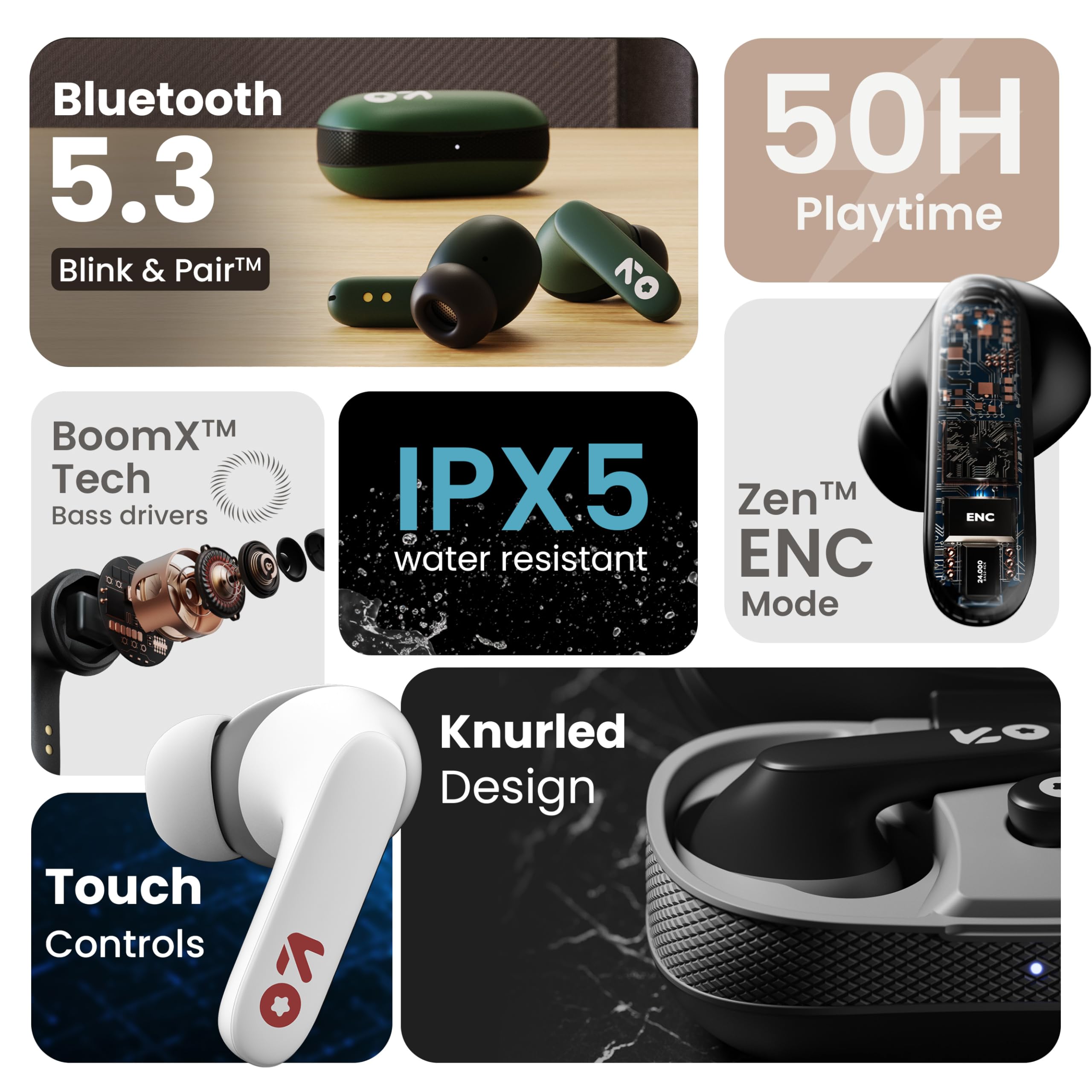 GOBOULT Y1 Ear Buds Wireless with 50Hr Playtime, Clear Calling ENC Mic, Low Latency Made in India, Gaming, 10mm Bass Drivers Earbuds Buds TWS Bluetooth (Black) (Green) — Amazon image 2