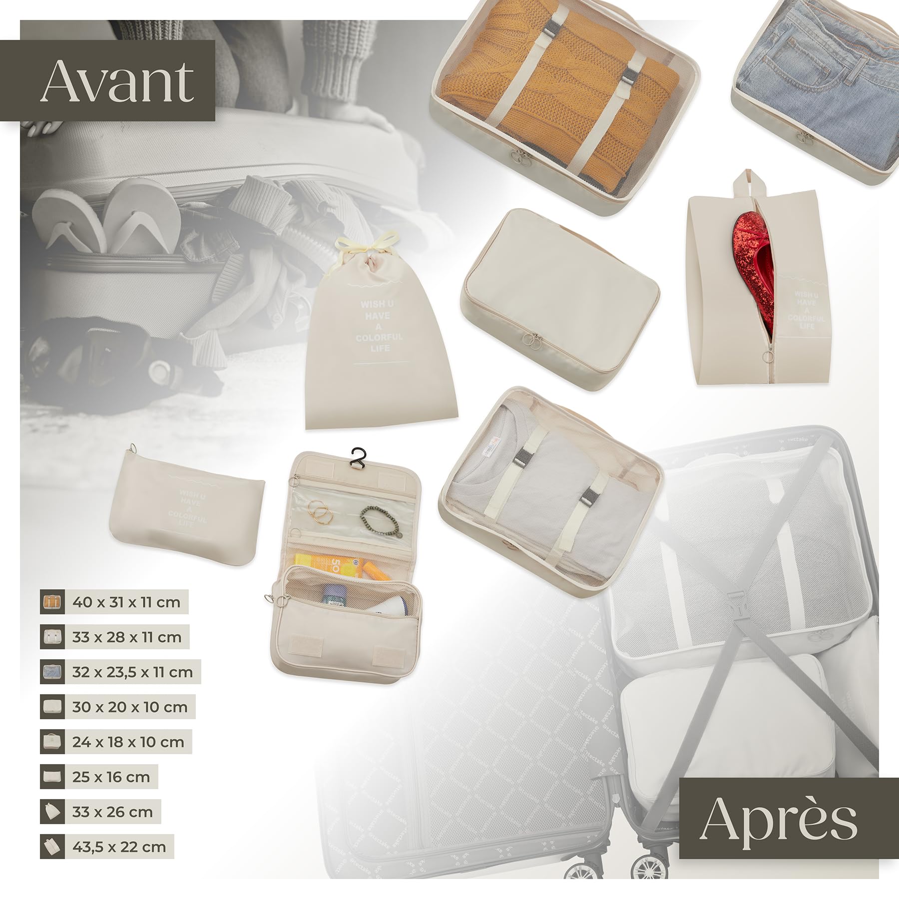 tectake® Set de Valise de Voyage 13 Pcs. Valise Grande Taille Valise soute Valise Cabine Petite Valise Sacs de Voyage Valise Maternité ABS avec roulettes 360° Poignée télescopique Cadenas TSA Solide