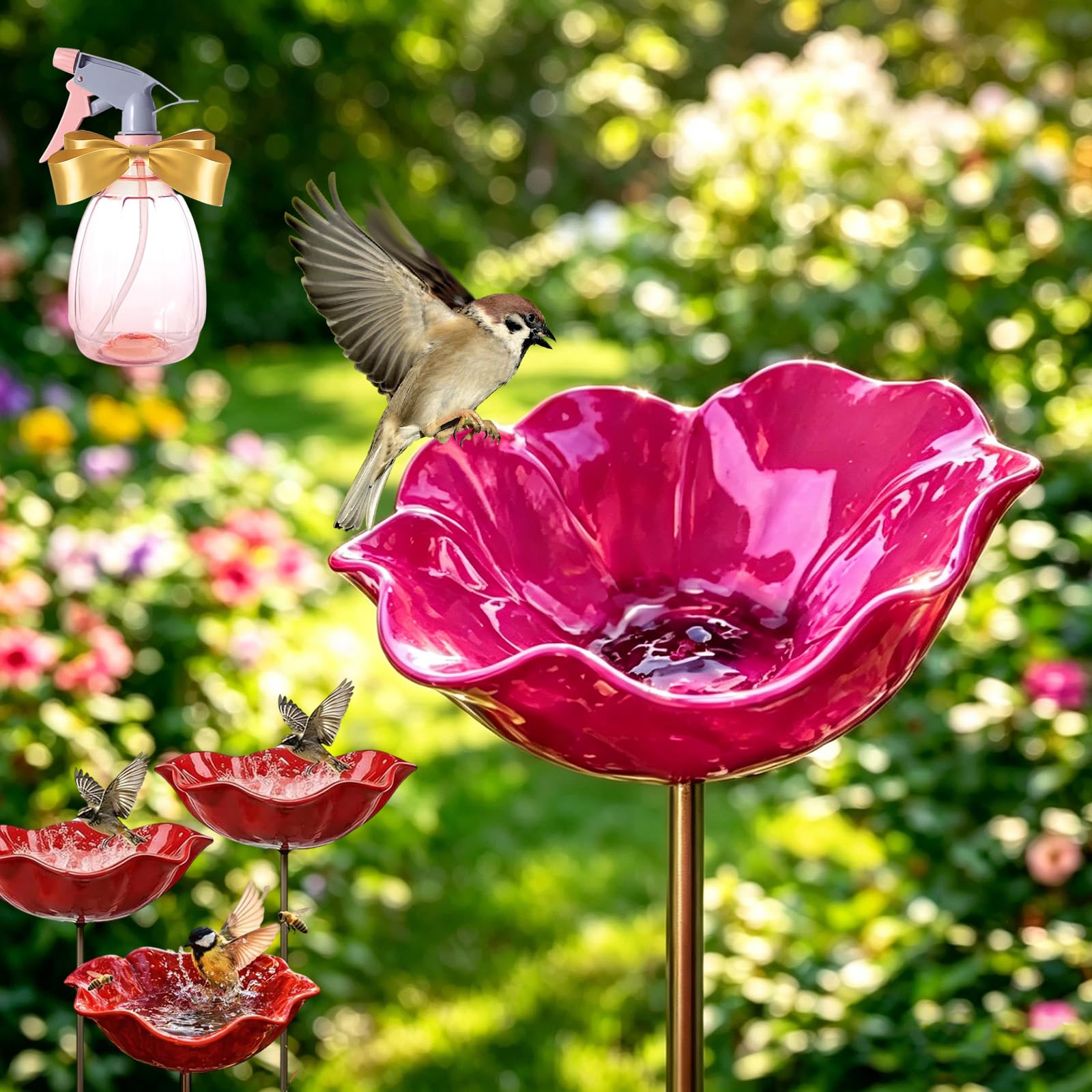 Snrtevu 2026 New Handmade Metal Flower Garden Stake, Metal Flowers For Garden, Metal Flower Garden Stake Bird Feeder, Flower Bird Bath Ground Plug Design For Yard, Lawn & Patio Decor (3, Pink)