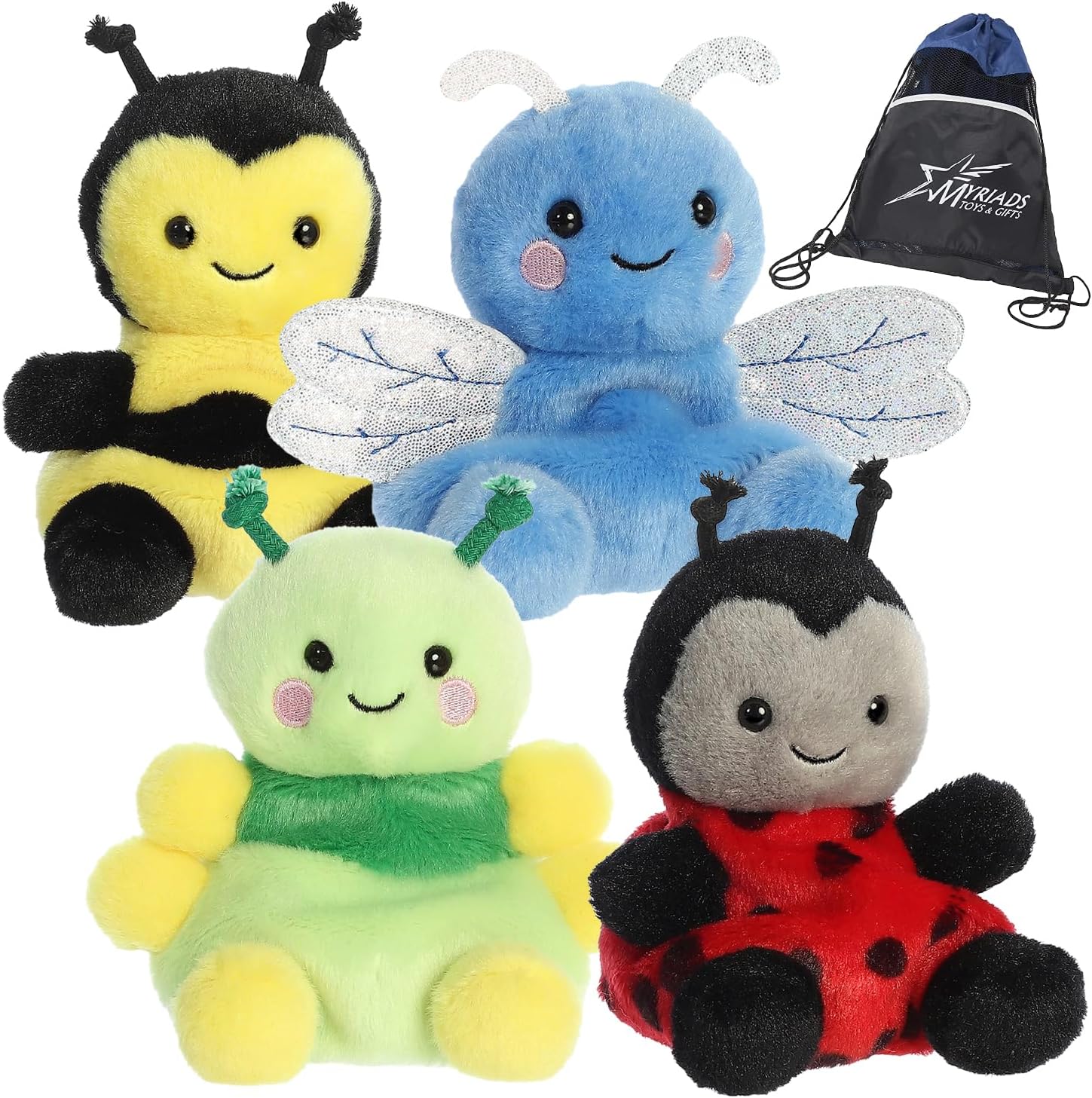 AuroraPalm Pals Plush - Bugs Bundle: Queeny Bee, Dart Dragonfly, Ivy Caterpillar, and Lil' Spots Ladybug with Exclusive Drawstring Bag