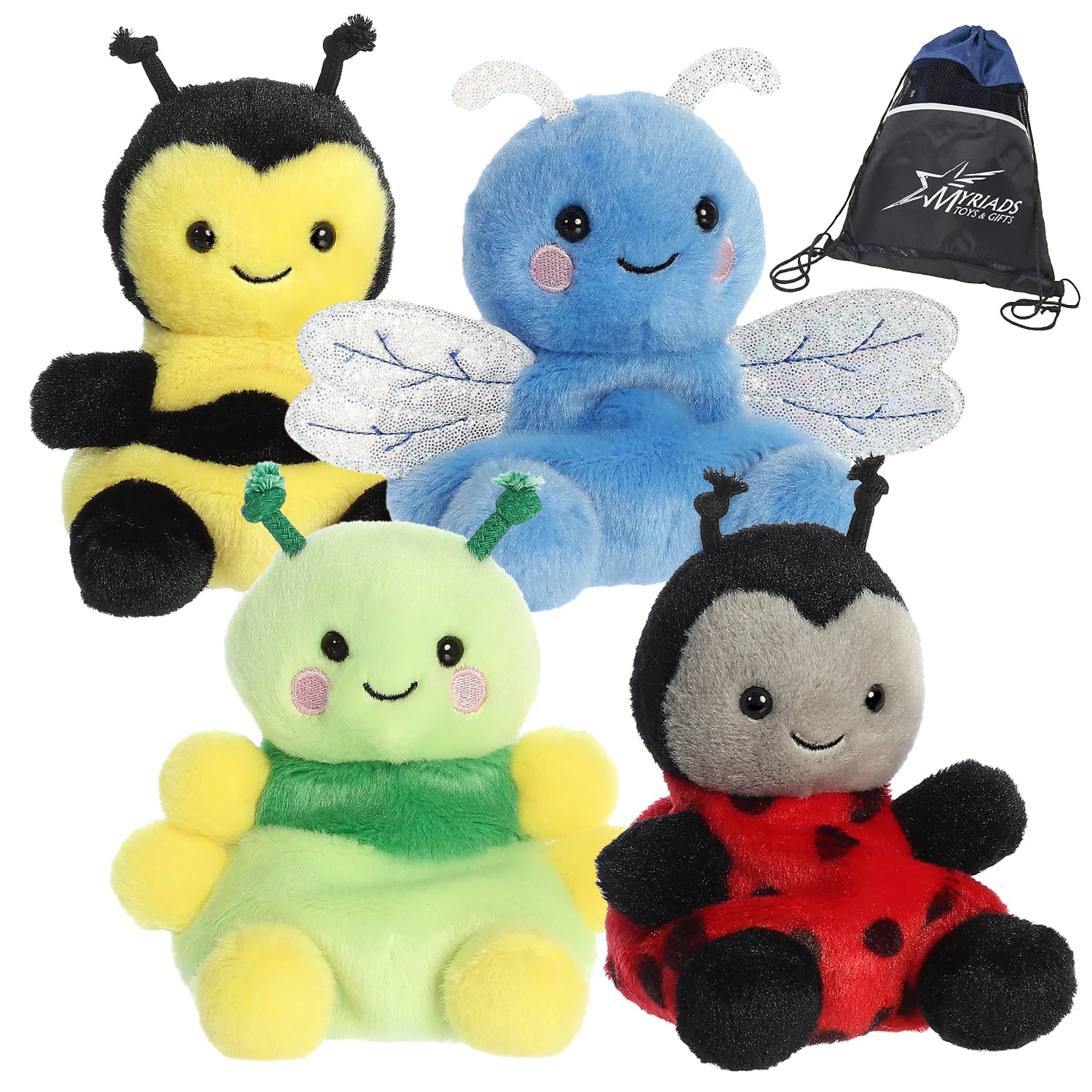 AuroraPalm Pals Plush - Bugs Bundle: Queeny Bee, Dart Dragonfly, Ivy Caterpillar, and Lil' Spots Ladybug with Exclusive Drawstring Bag