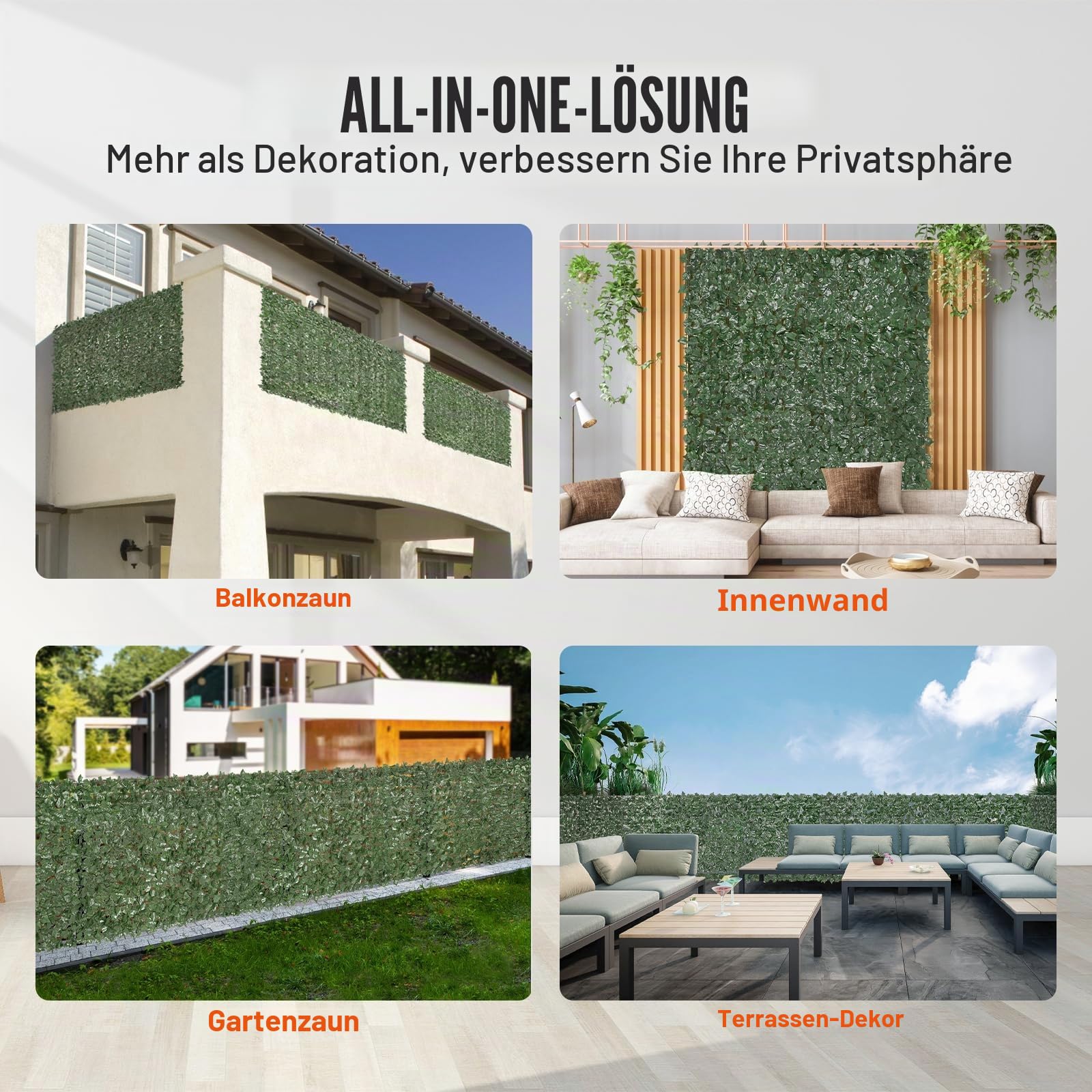 VEVOR Sichtschutzzaun aus Efeu, 1500 x 2490 mm, Pflanzenwand, grüner Efeuzaun mit verstärkter Verbindung, künstliche Hecken mit Weinblättern als Dekoration für Garten, Hof und Terrasse