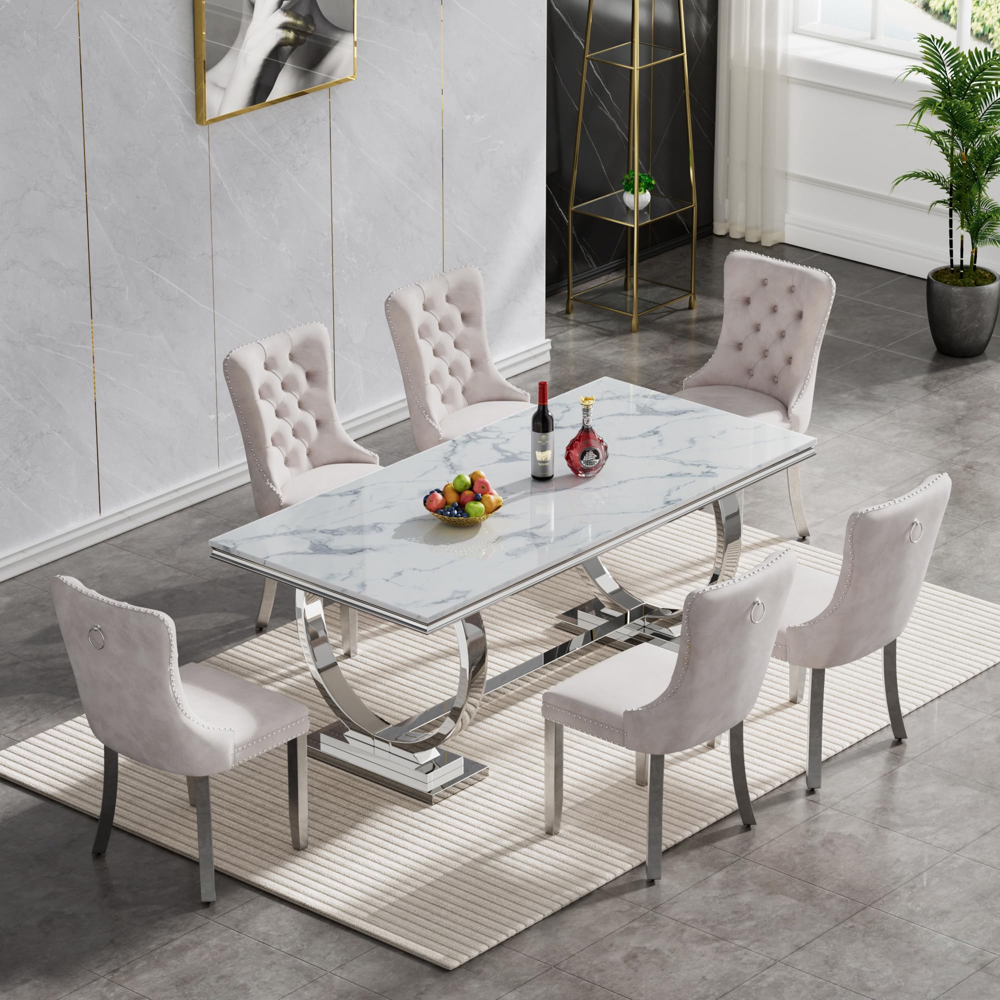 7 Piece Marble Dining Table Set for 6, Luxury 68" White Marble Silver Kitchen Table with 6 Beige Velvet Upholstered Chairs, Modern 6 Person Dining Room Table Set for Kicken Dining Office Room