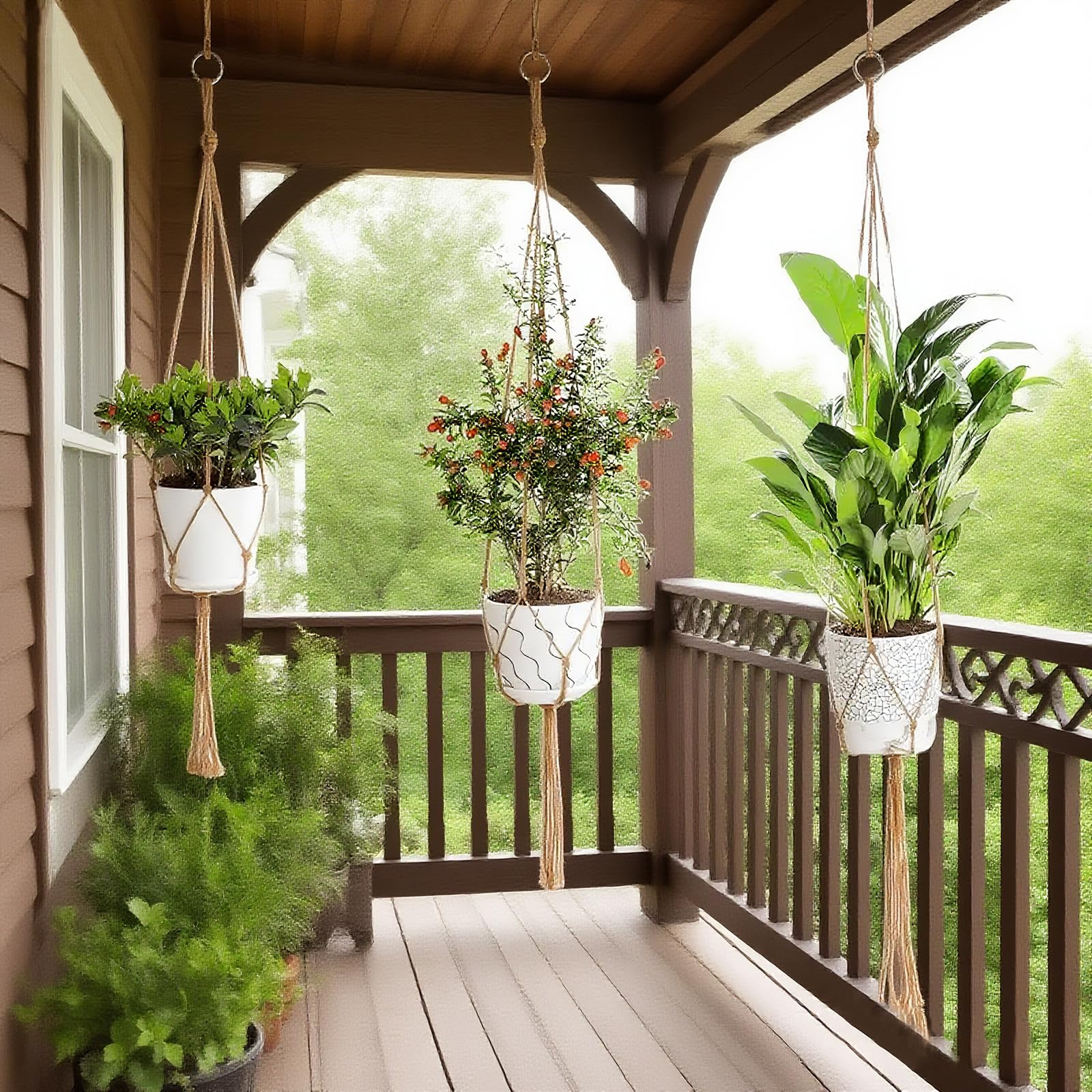 Lot de 3 suspensions de plantes d'intérieur en macramé avec rallonges de cordes et 6 crochets, suspension en macramé pour plantes d'intérieur (pots non inclus) (marron)
