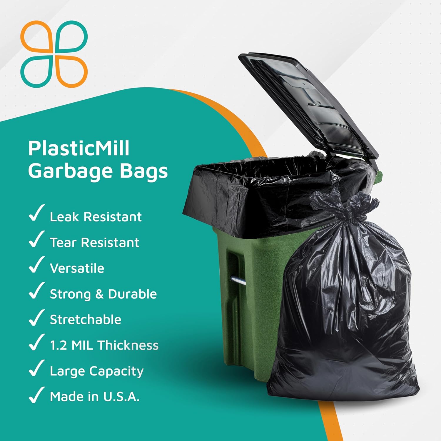 PlasticMill Heavy Duty Trash Bags - Black Garbage Bags - Plastic Trash Bags - Tall Trash Bags, Trash Can Liners - 64-Gallon Large Kitchen Trash Bags, 1.2 Mil, 50"x60" (50-Count)