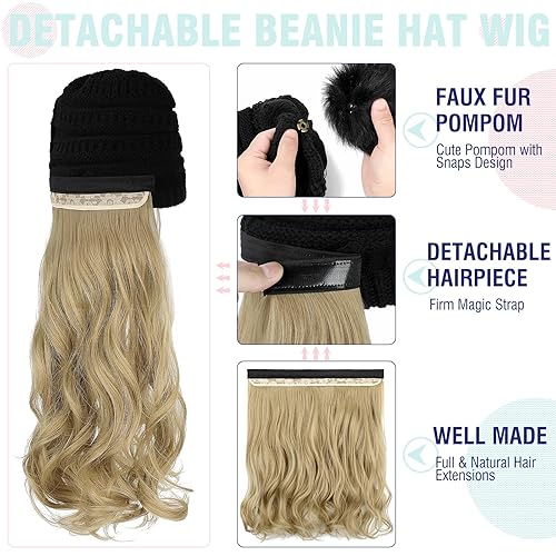 Miniatura 9 de Lansigreen Gorro con peluca, gorro con cabello, extensiones largas onduladas, gorro de punto con pompones, 20 pulgadas, sintético, extraíble, para