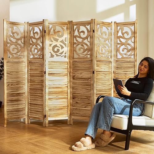 Divisor de habitación de madera tallada para interiores, plegable, portátil, para hogar, oficina, jardín, terraza, 6 paneles, 67 x 90 pulgadas