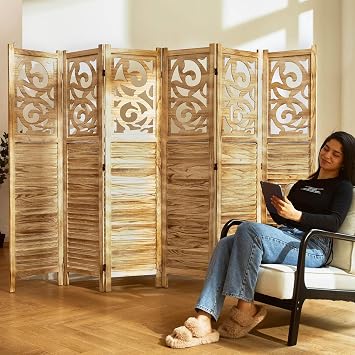Svimi Room Divider Wood Carved Wall Divider Indoor Folding Portable Partition Screen for Home Office Garden Terrace - 6 Panel, 67 x 90inch Wood