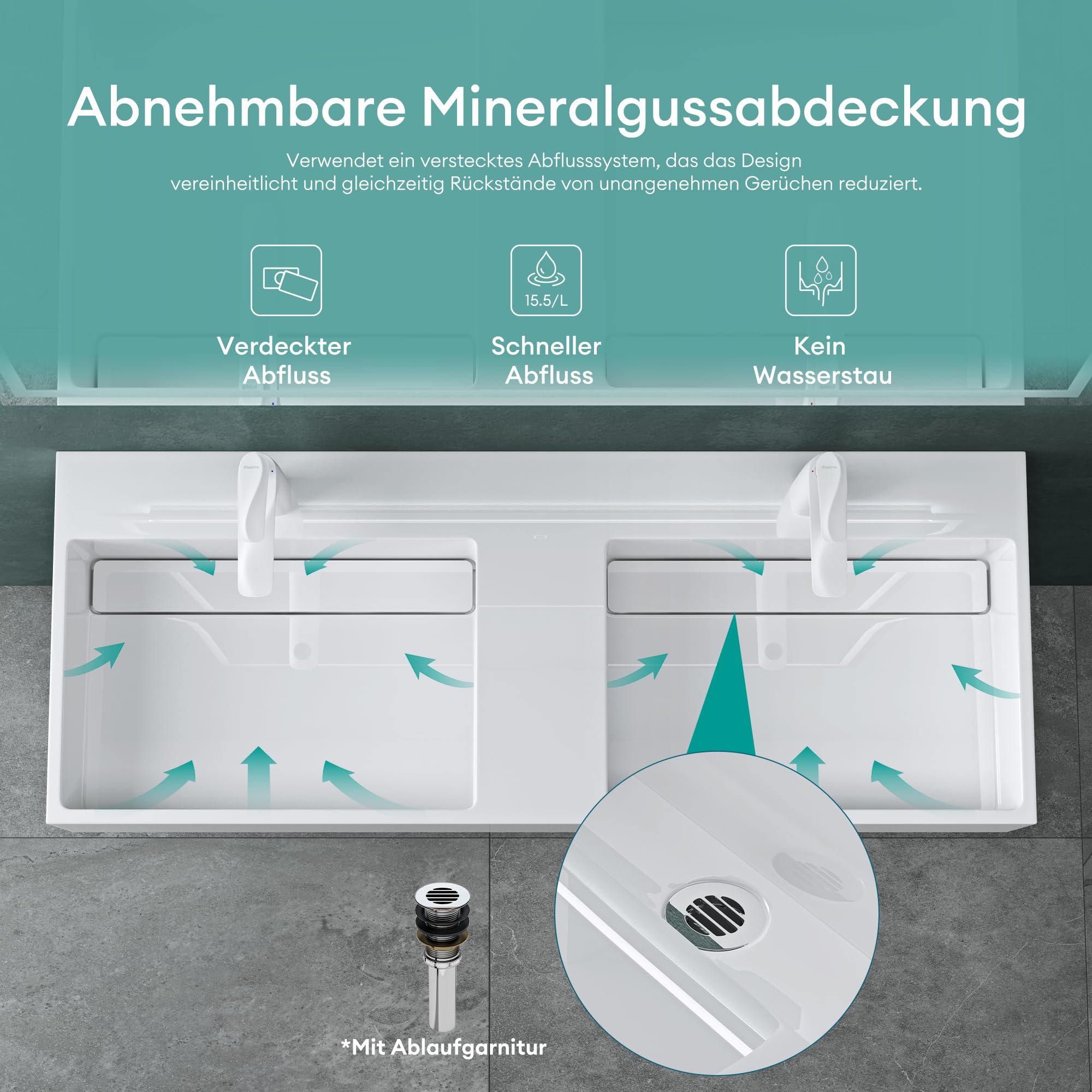 Mai & Mai Waschbecken Aufsatzwaschbecken Hängewaschbecken Col12 Doppelwaschbecken 120x48x13cm Waschtisch Waschplatz in weiß aus Mineralguss ohne Überlauf
