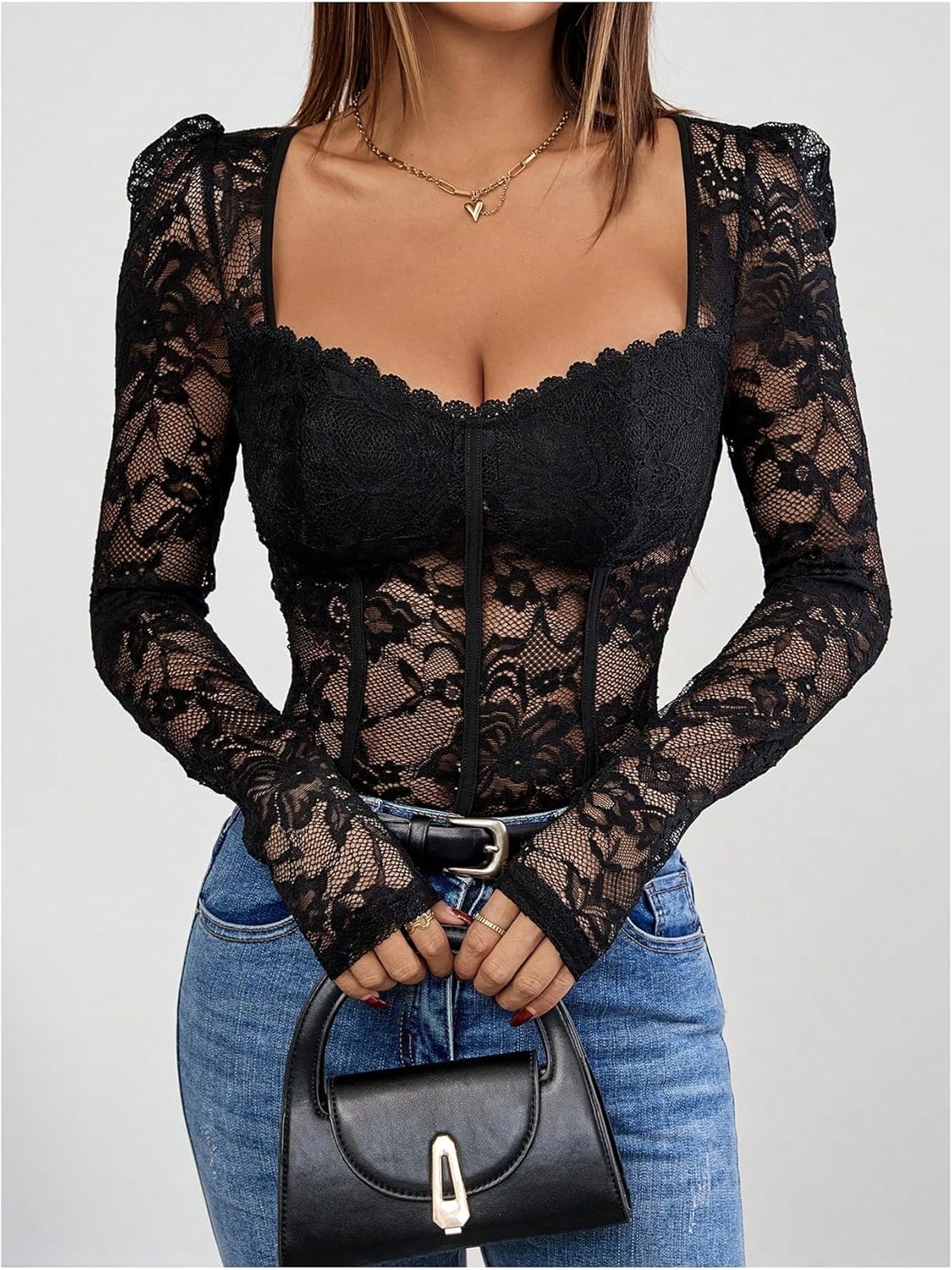 SweatyRocks Women's Sheer Floral Lace Scoop Neck Bodysuit Puff Long Sleeve Slim Fit Leotard Tops - Image 4