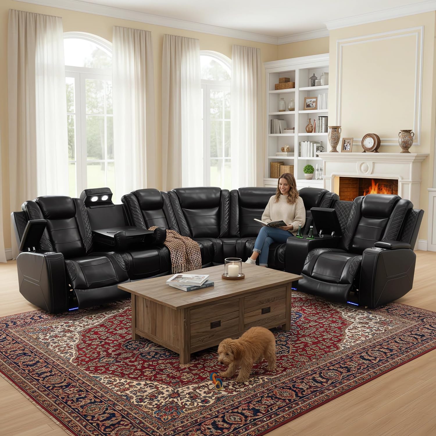 Power Recliner Sectional Sofa for Living Room, Breathing Leather Reclining Corner Couch with LED Lights/Charging Ports/Storage/Cup Holders (Black)