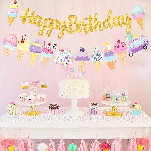 Miniatura 9 de C L cooper life Pancartas de helado de feliz cumpleaños, 2 piezas de decoración temática de helado con purpurina dorada para suministros frescos de