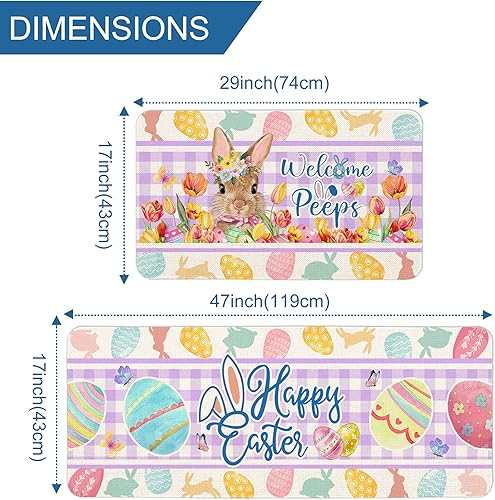 Miniatura 3 de Tapetes de cocina de Pascua, juego de 2, color rosa y azul, patrón de animales, antideslizantes y reductores de viaje, 17 x 29 y 17 x 47 pulgadas