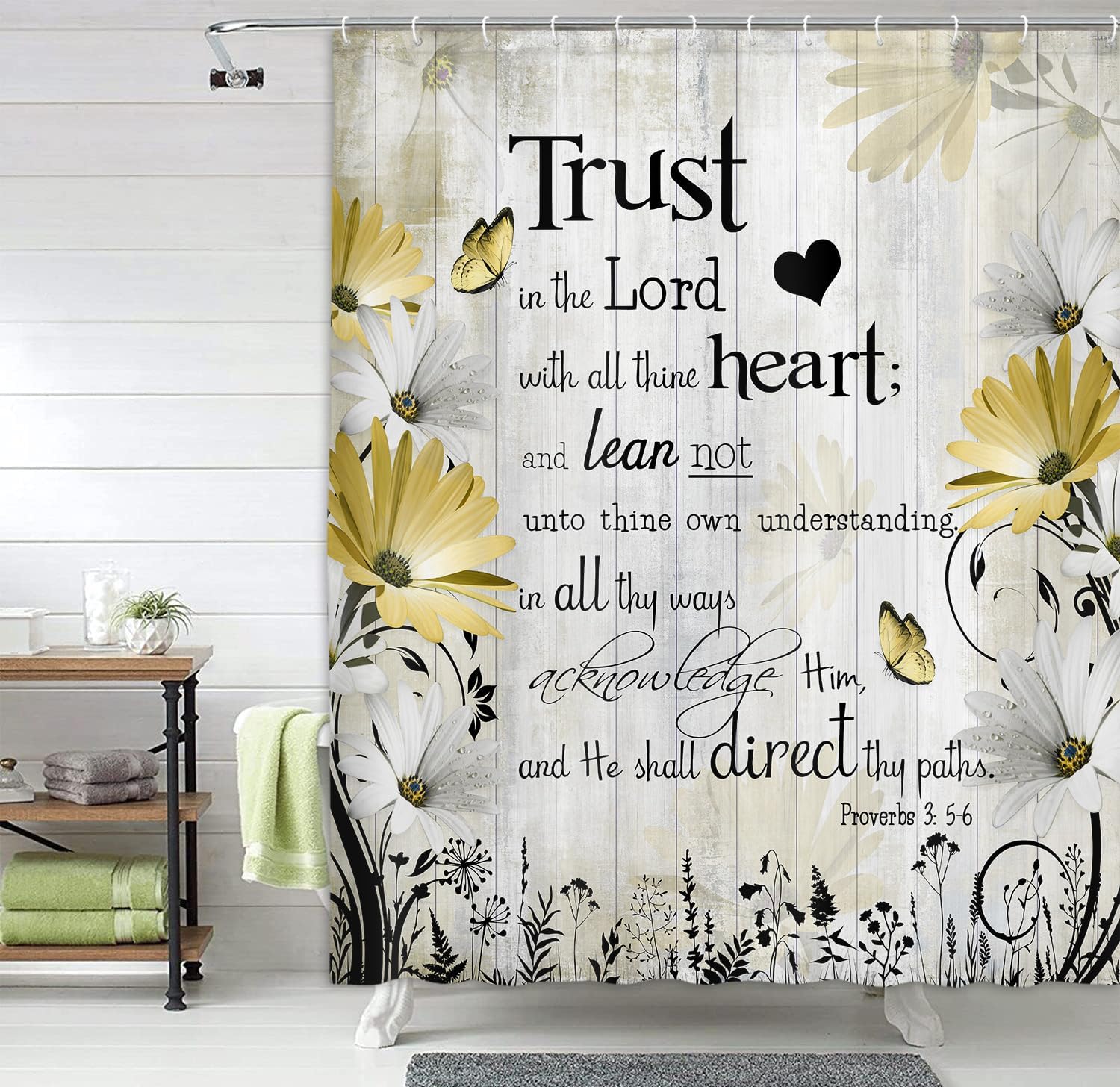 Bible Verse Inspirational Quote Shower Curtain, Yellow Floral Daisy Trust in The Lord Waterproof Fabric Shower Curtain, Rustic Farmhouse Butterfly Bathroom Shower Curtain with 12PCS Hooks, 70X84IN