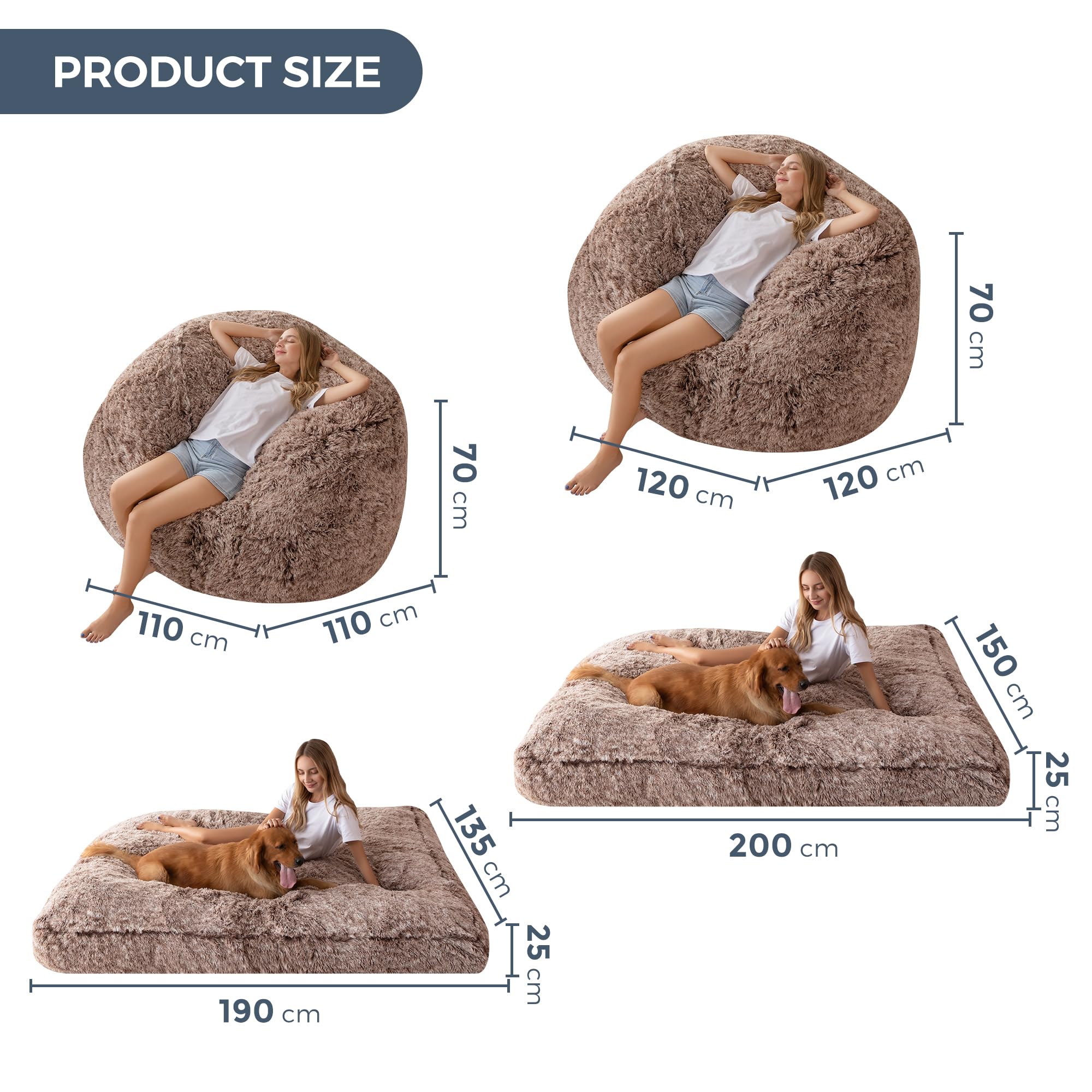 MAXYOYO Riesiges Sitzsackbett – umwandelbar vom Sitzsack zum Bett – großes Sofa mit Plüschbezug und Flauschiger Füllung im Lieferumfang enthalten, für Erwachsene, Paare, Gäste (Braun, 150x200 cm)