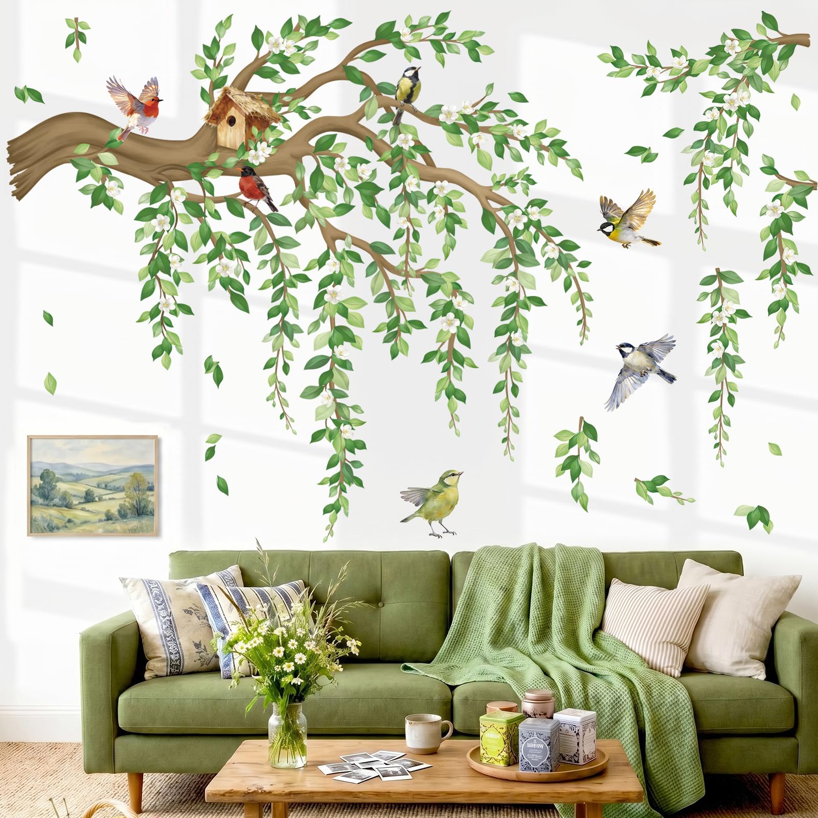 Peelora Large Hanging Vine Tree Branch (XXL) Wall Stickers Green Leaf Flower Birds Wall Decals Living Room Bedroom Tv Background Self-Adhesive Home Decor Stickers