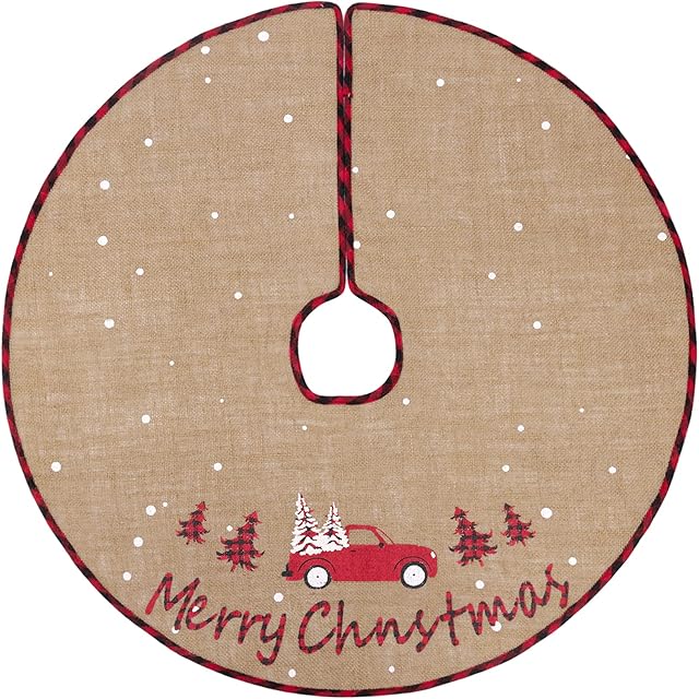 N&T NIETING Christmas Tree Skirt, 30 Inches Burlap Tree Skirt with Car and Merry Christmas Tree Mat for Holiday Party Xmas Tree Decorations