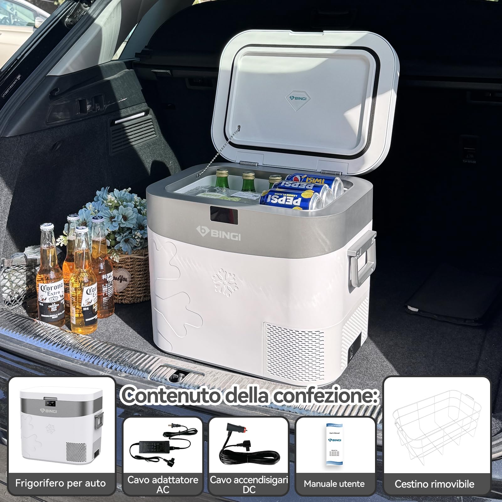 BINGI - Frigorifero con compressore, 22 l, mini frigorifero elettrico portatile, 12/24 V DC, congelatore elettrico portatile, per auto, camion, picnic, campeggio e uso domestico