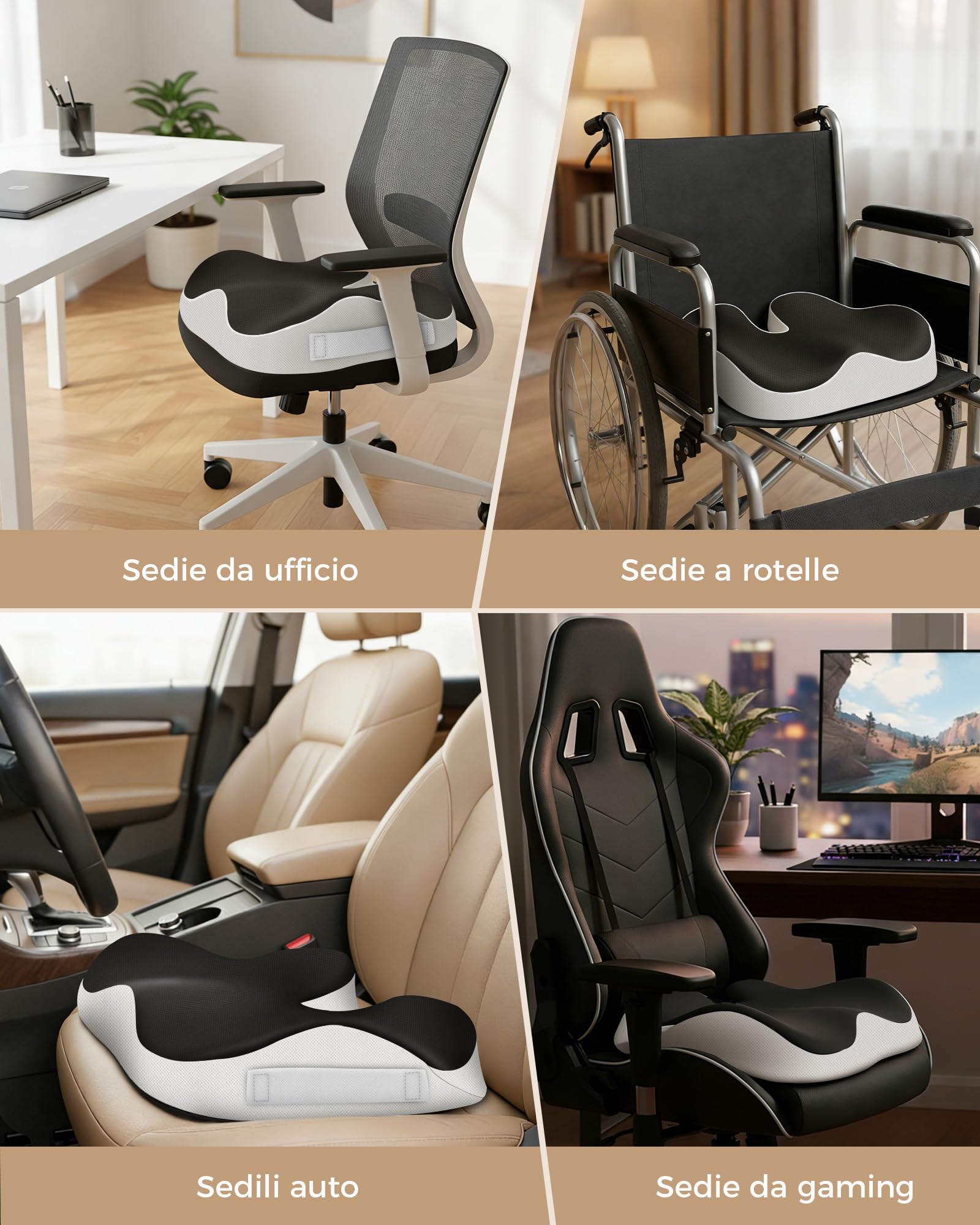 Feagar Cuscino Sedia Ufficio in Memory Foam Alta Densità per 60-90kg | Con pratica maniglia e fondo antiscivolo. Ideale per seduta prolungata, auto, home office e studio, comfort quotidiano.