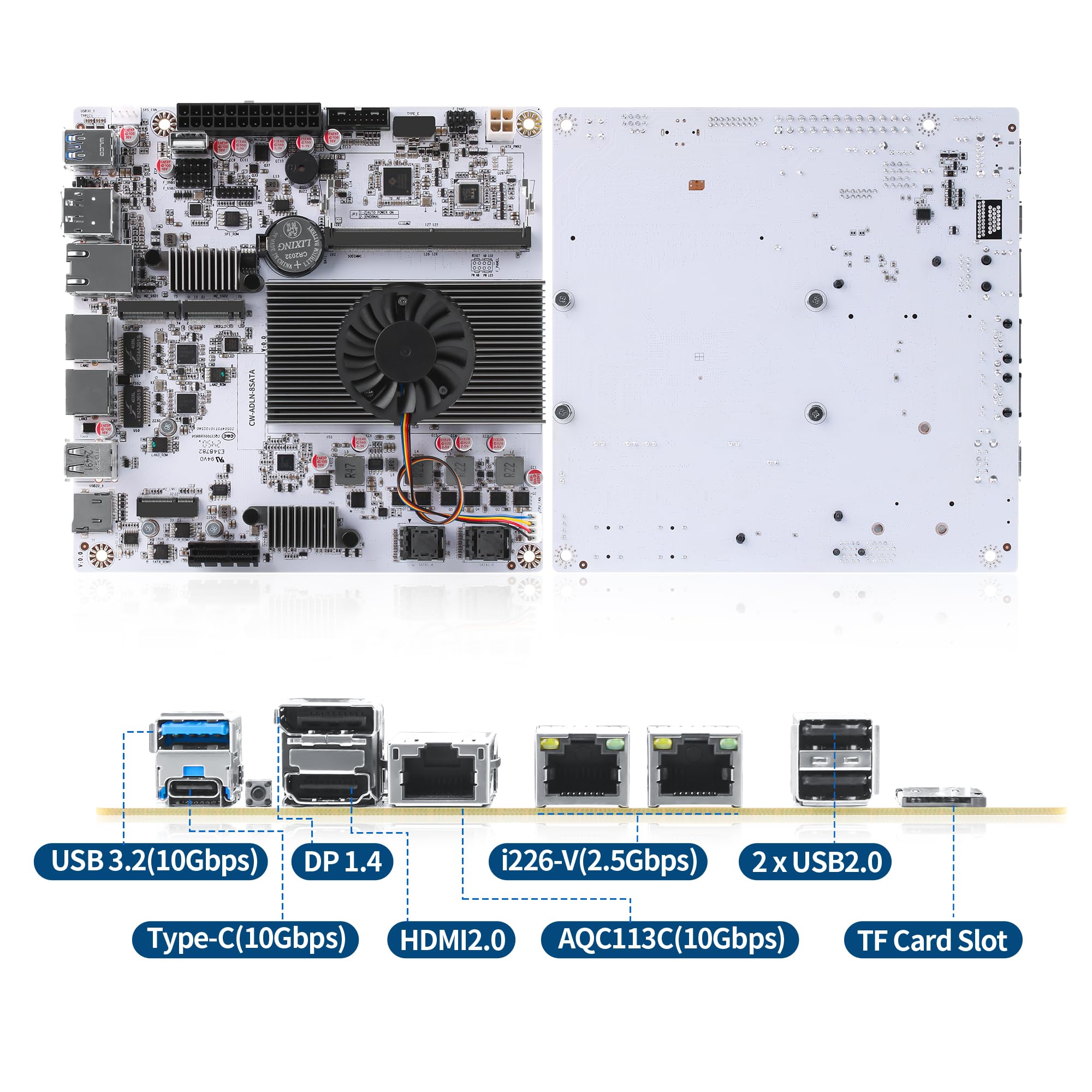 NAS Motherboard 8 Bay, 10GbE RJ45 LAN, N150 Mini ITX Mainboard, 2 x NVMe, Dual i226-V 2.5GbE LAN, DDR5 Barebone, USB-C, TF Slot, PCIEx1, HD+DP, 2 x SFF8643 (No Cables)