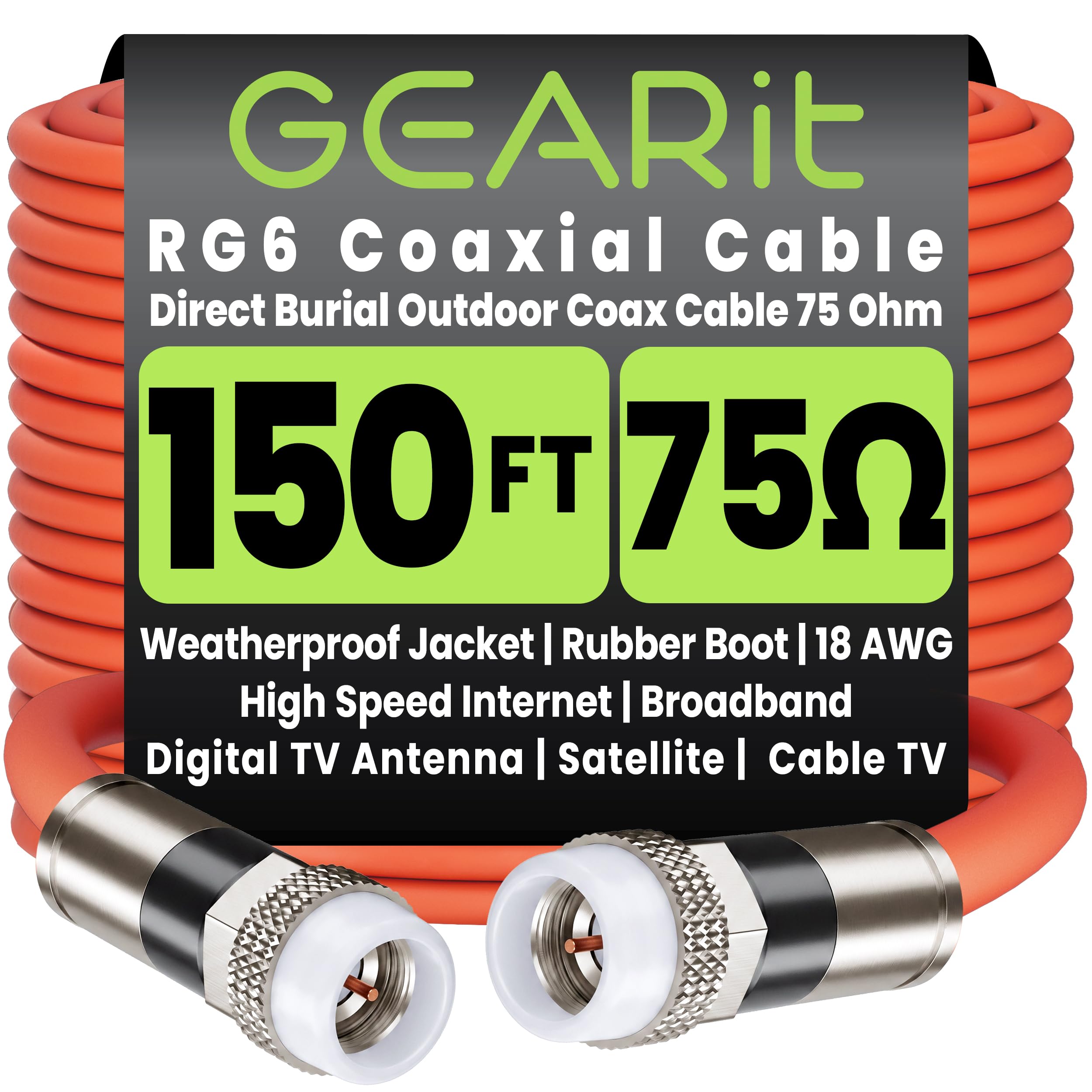 GEARit Cavo coassiale per sepoltura diretta (45,7 m) RG6 70 Ohm RF stivale in gomma impermeabile sotterraneo da parete con avvio in gomma, Internet ad alta velocità, banda larga, antenna TV digitale