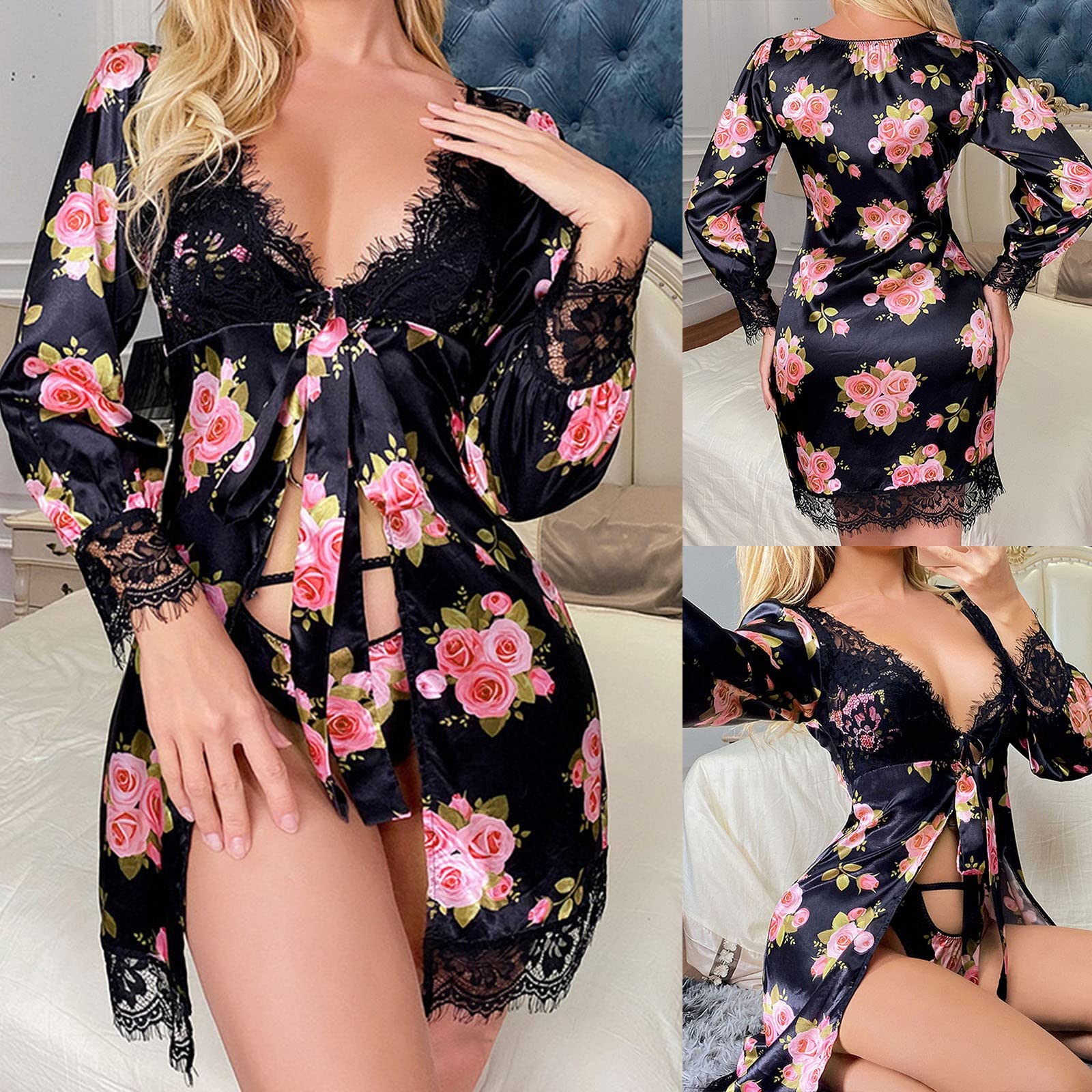 Lingerie Sexy da Donna Pigiama Pizzo Floreale Imitazione Seta Sexy Trasparente Camicia da Notte Vestiti per Donna Lingerie Sexy (Nero XL)