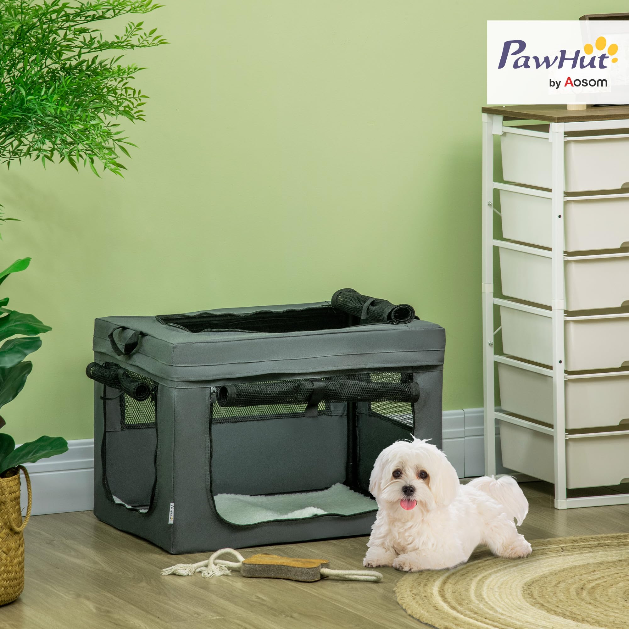 PawHut Hundetasche Hundebox mit Meshfenster, 60 x 42 x 42 cm Katzentransportbox mit Kissen, Griffen, Transportbox, Transporttasche für Hunde bis 4 kg, Oxford, Grau