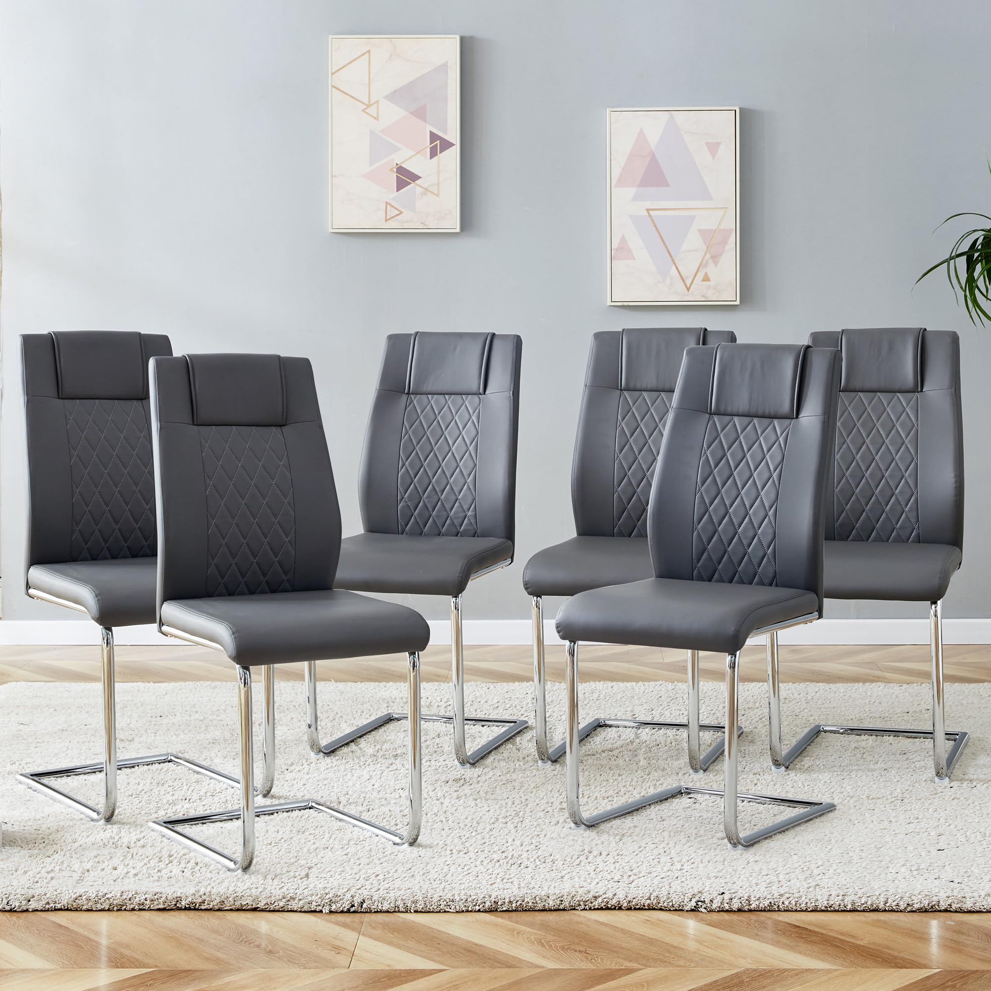 Modern Dining Chairs, Faux Leather Padded Seat Dining Room Chairs with Silver Metal Legs for Kitchen, Living, Bedroom, Dining Room Side Chairs Set of 6, Grey+Silver, 16" D x 16" W x 38" H