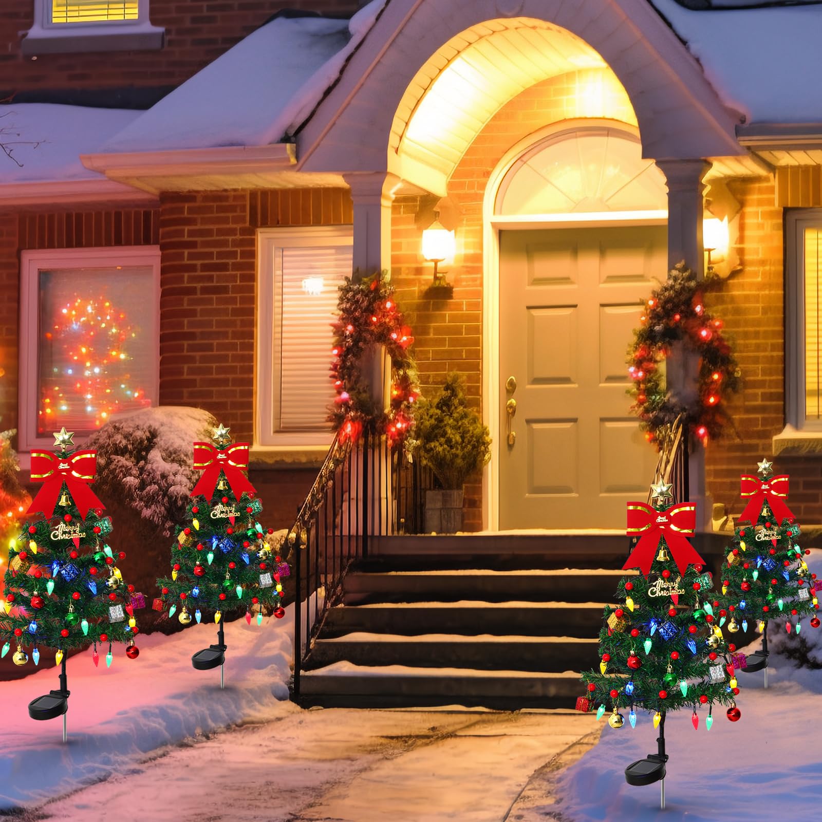 Dremisland 4 Piezas Mini Árbol de Navidad Artificial 85cm Arbol de Navidad con 80 Luces Led Caja de Regalo Adorno navideño Decoración de Navidad con Solar para Casa Oficina Patio Césped Caminos