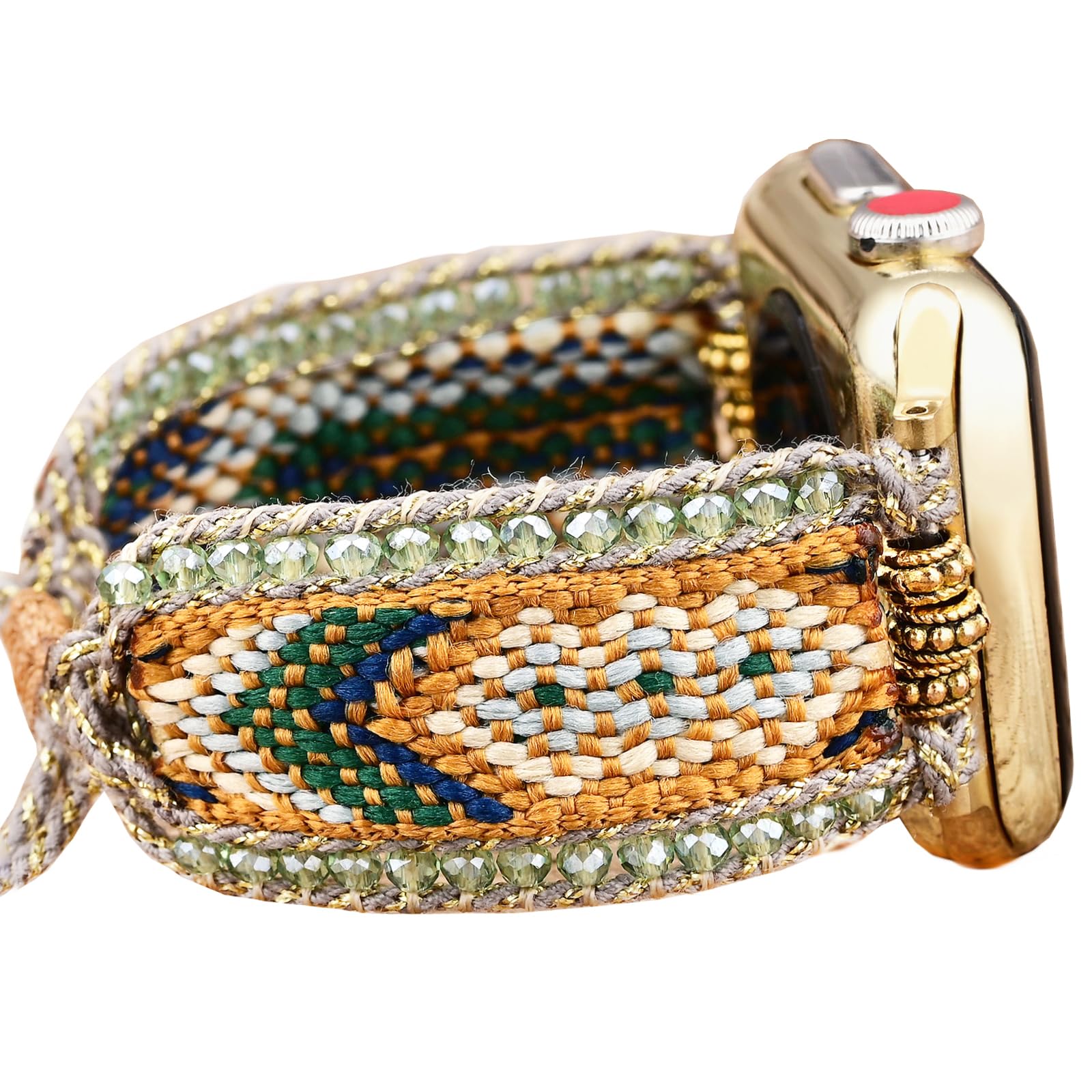 Bracelet en nylon tressé style western bohème compatible avec Apple Watch 38 mm, 40 mm, 41 mm, 42 mm, 44 mm, 45 mm, 49 mm - Bracelet réglable avec perles pour iWatch Series 9 8 SE Ultra 7 6