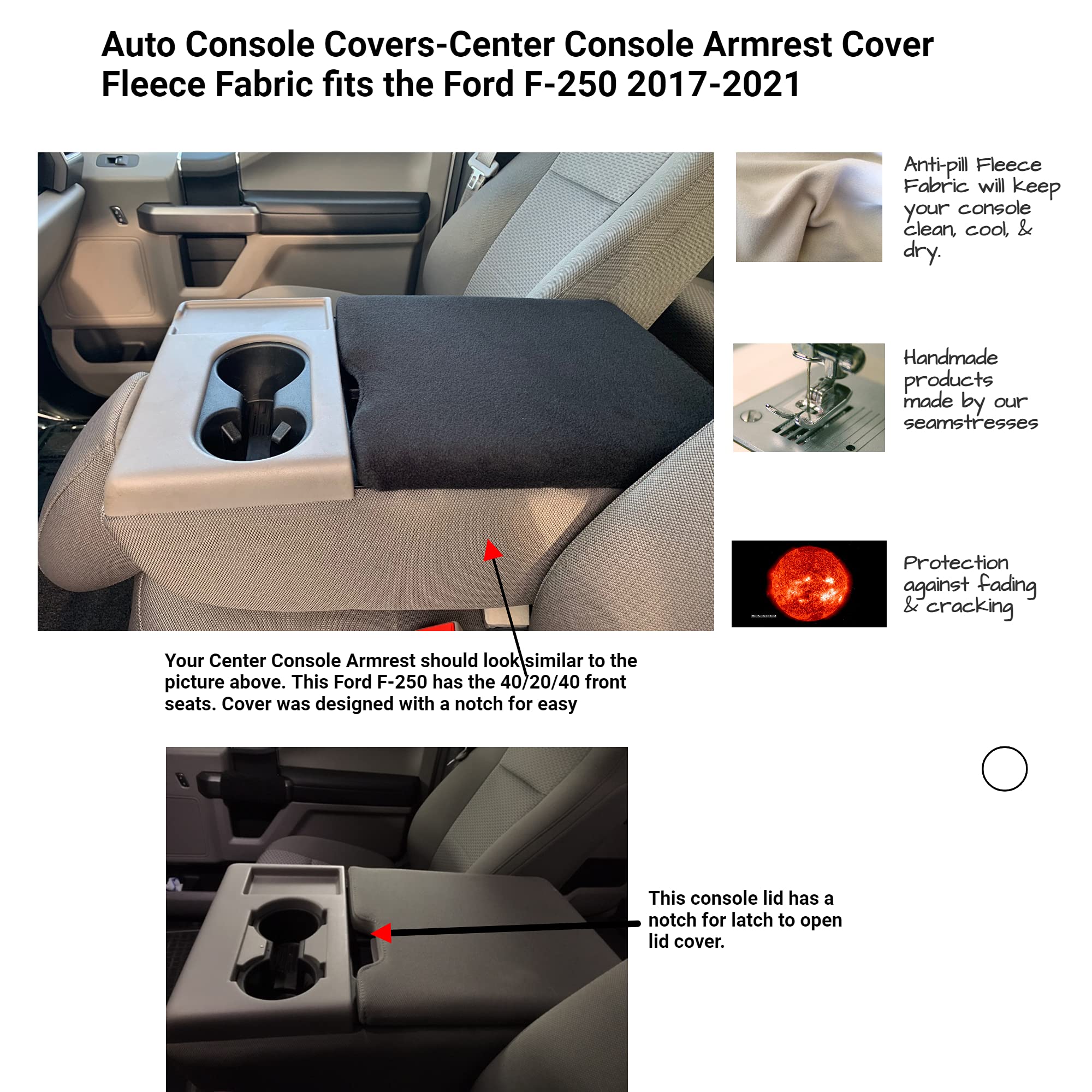 Auto Console Covers- Fits The Ford F-250 Super Duty Truck 2017-2022 Center Console Armrest Cover Fleece - Brown