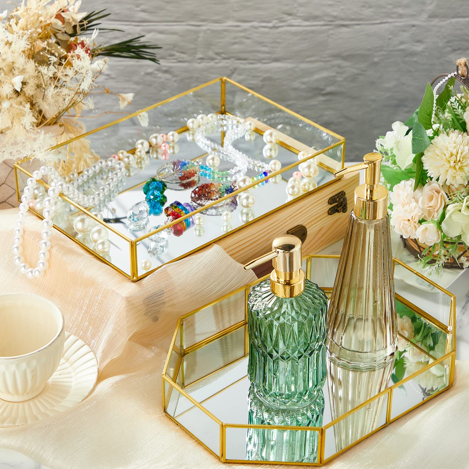 2 Pcs Glass Jewelry Box Hexagon Ring Box Gold Octagon Jewelry