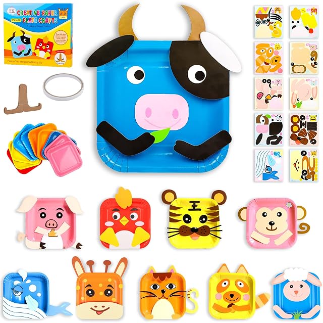 Mardiko DIY Handmade Toy Paper Plate Art Kit for Children, Preschool Learning Toys Craft Kits for Kids, Animals Sticker Arts and Crafts for 4 5 6 7 8 Year Old Boys Girls (Square)
