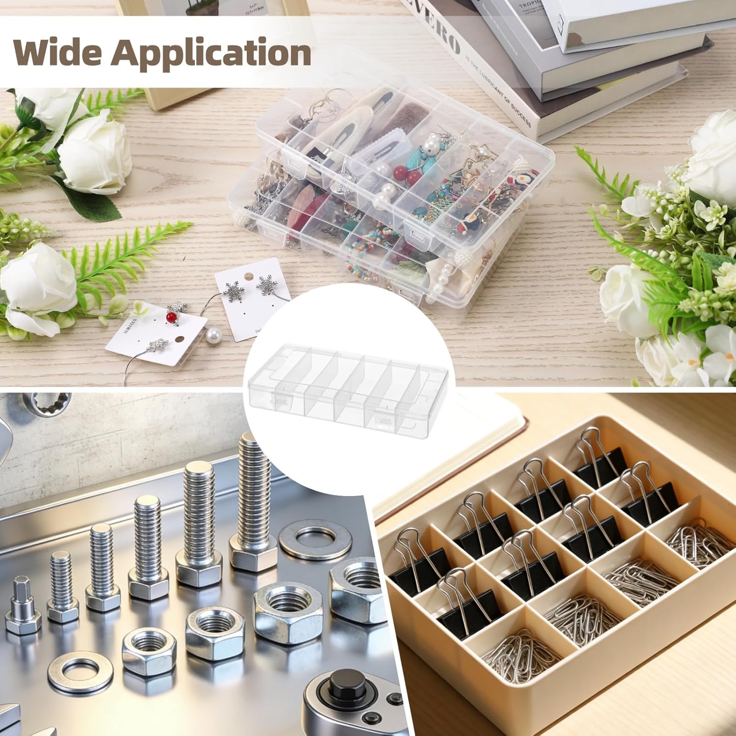 10 PCS 6 Grids Plastic Organizer Box, Clear Compartment Storage Boxes with Dividers and Secure Lid, Small Parts Organizer for Craft Beads Binder Clips Sewing Supplies Lures Screws