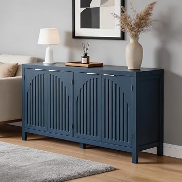 58" W Sideboard Buffet Cabinet with Storage, Mid Century Modern Credenza with Arch Doors & Shelves Coffee Bar Media Console Cabinets for Kitchen, Living Room, Entryway Blue