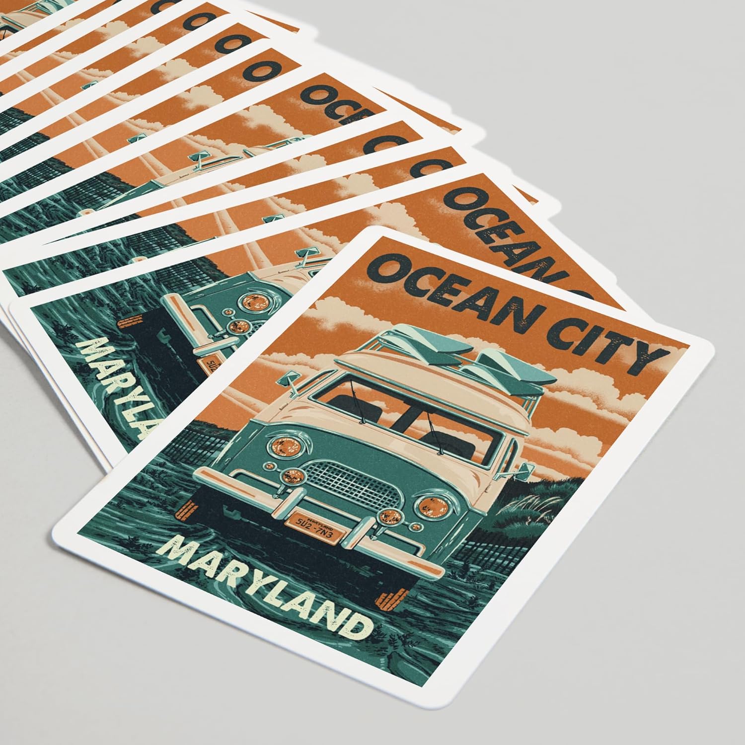 Ocean City, Maryland, Letterpress, Camper Van, Surfboard, 52 Playing Cards for Adults, Poker Size Card Deck