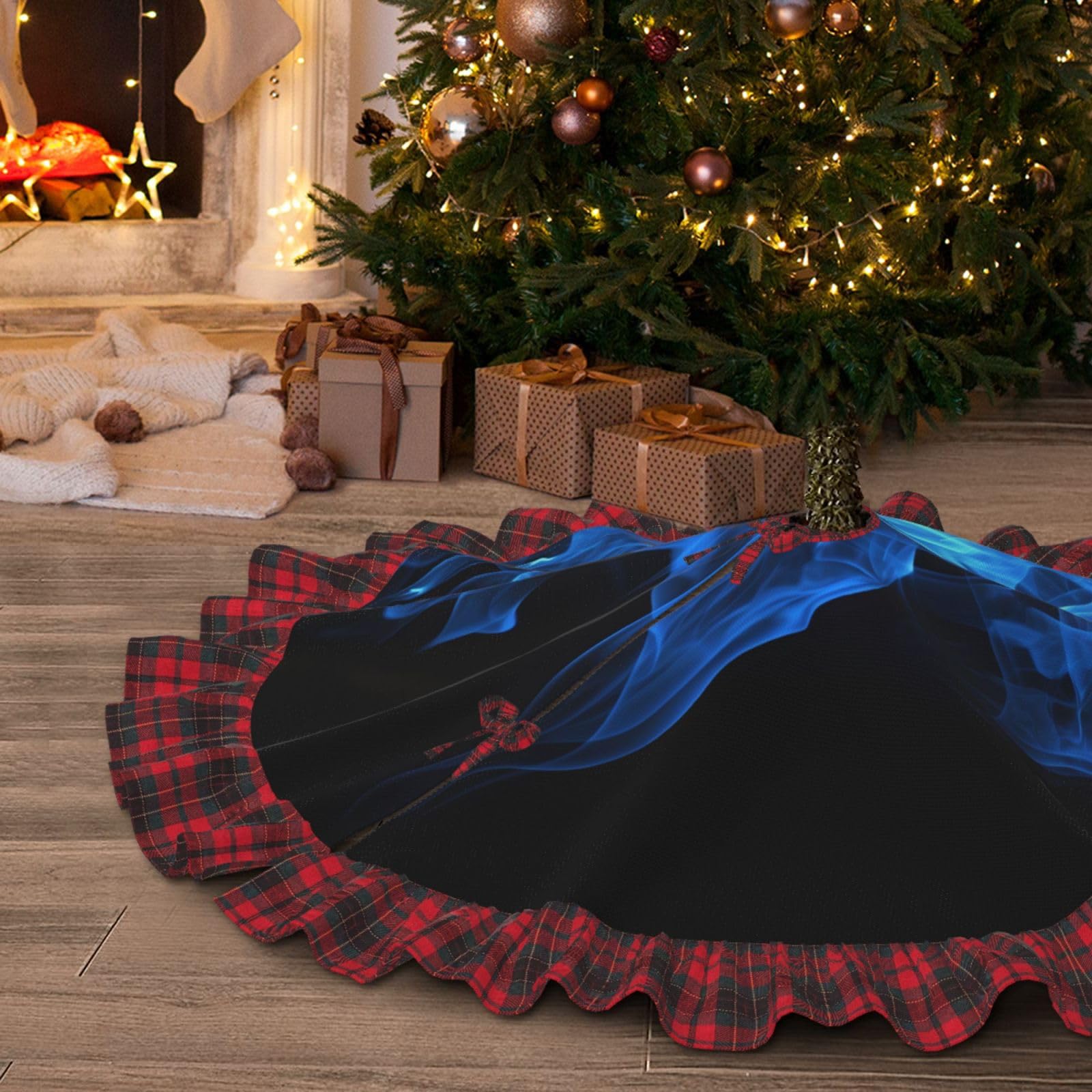 Jupe de sapin de Noël 122 cm imperméable à carreaux et dentelle rustique