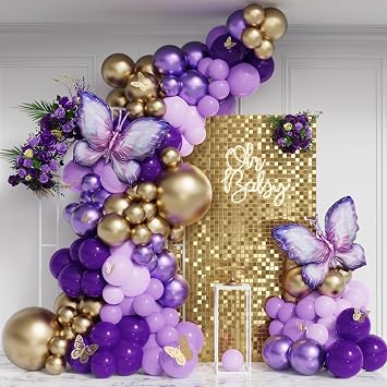 Purple Butterfly Balloon Garland Arch Kit, 158pcs Purple Chrome Gold Balloons with Butterfly Foil Balloons for Girl Birthday Baby Shower Party Supplies Bridal Shower Wedding Decoration Purple