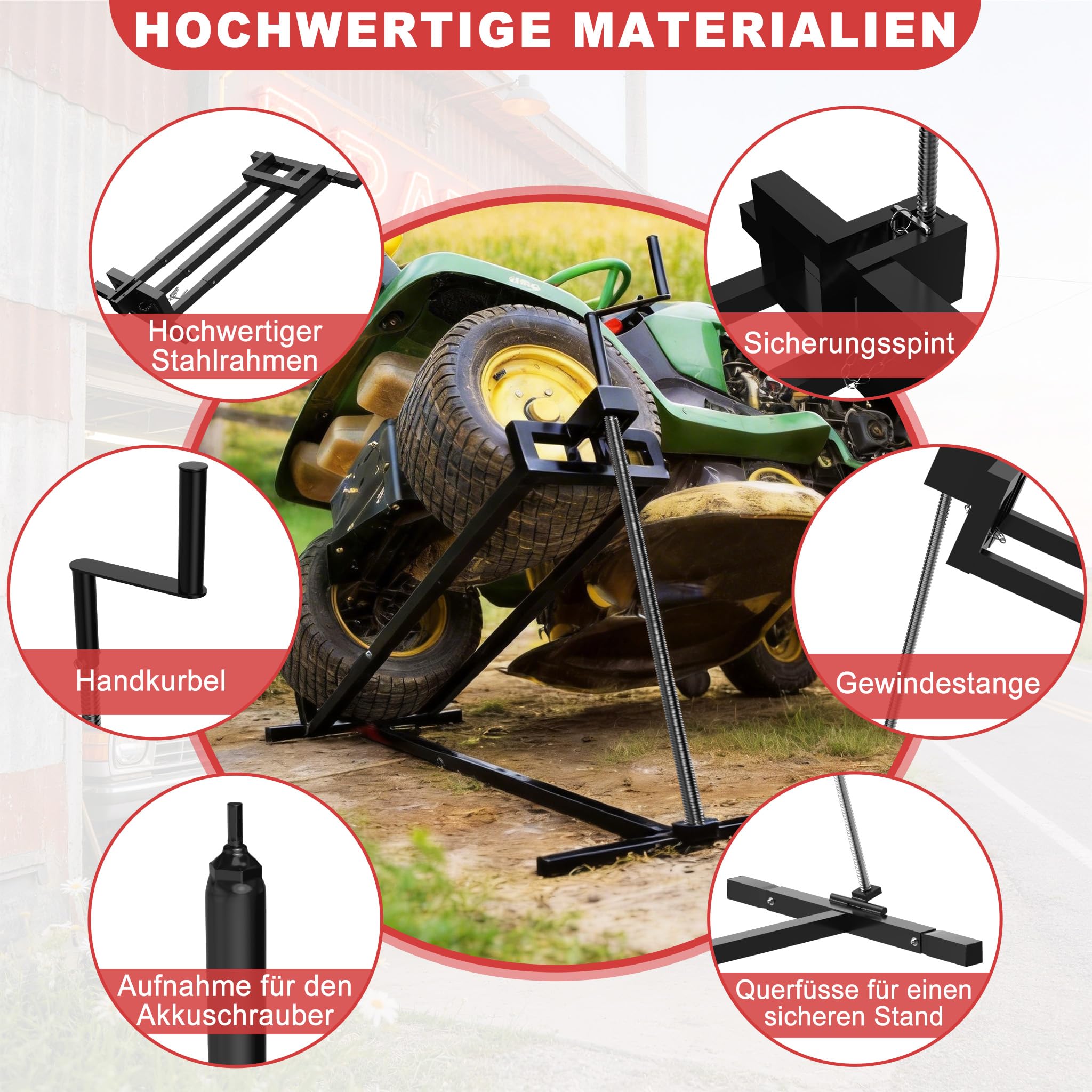 Froadp Rasentraktorheber 400KG Verstellbare Hebevorrichtung 45° Neigung Teleskop Wagenheber für Aufsitzrasenmäher Rasentraktor, Schwarz