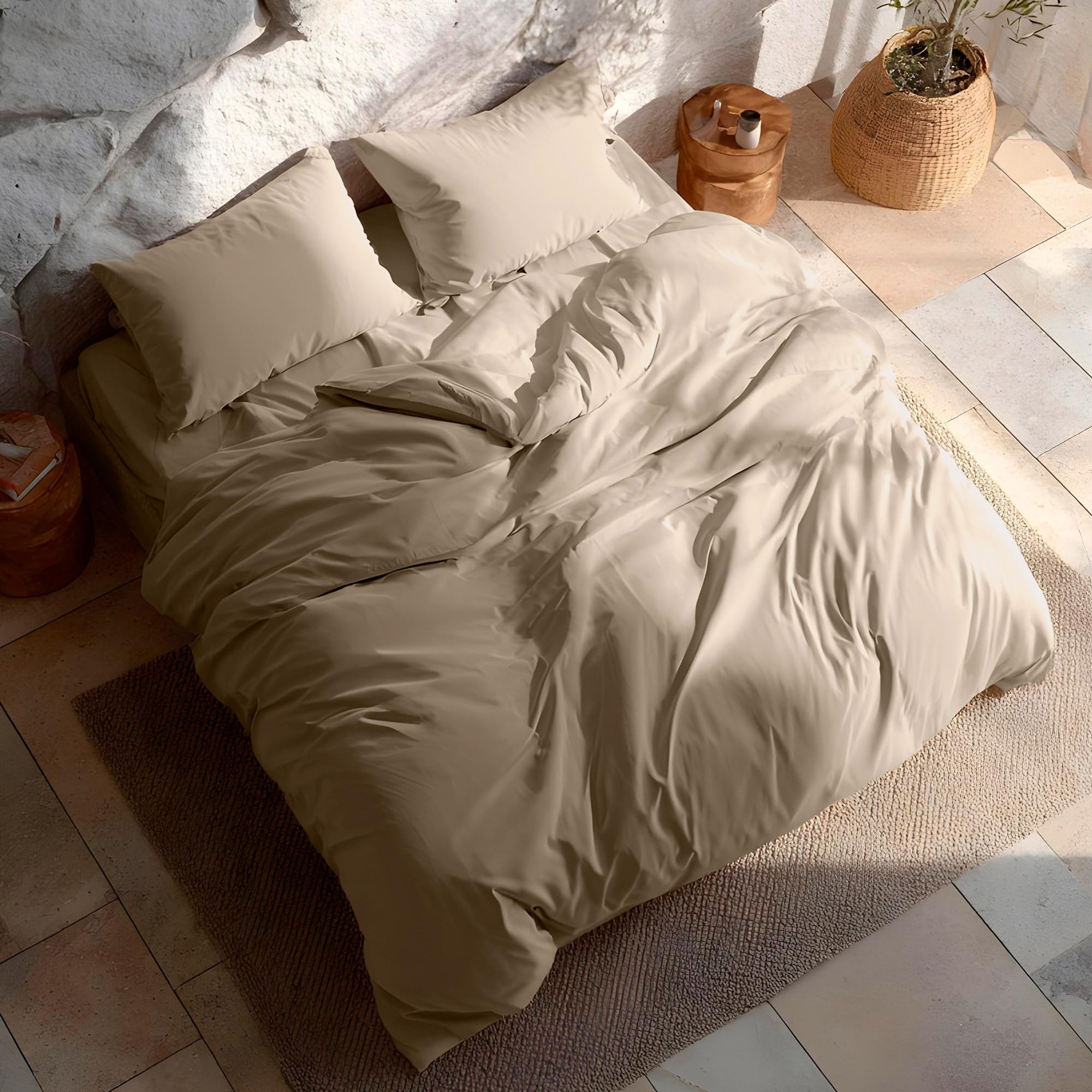 GAMUSI Juego Funda Nórdica Cama 180, Lisa 100% Algodón, Funda Edredón 260x240 cm y 2 Funda Almohada, Transpirable, Suave, Color Piedra