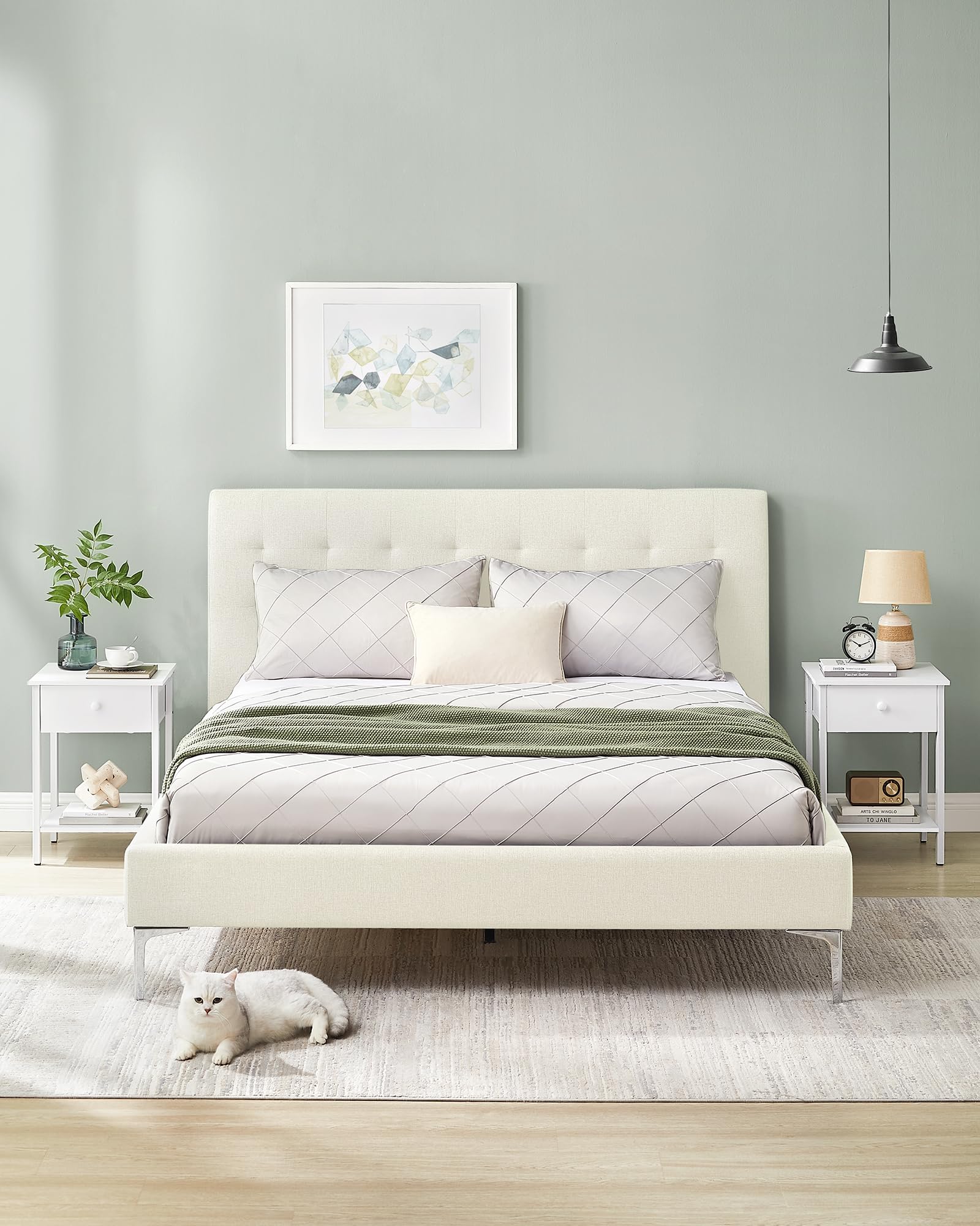 VASAGLE Set di 2 Tavolini, Comodini, con Cassetto e Ripiano, 40 x 40 x 55 cm, per Camera da Letto Soggiorno Salotto, Struttura in Metallo, Montaggio Facile, Bianco Opaco LET506W14