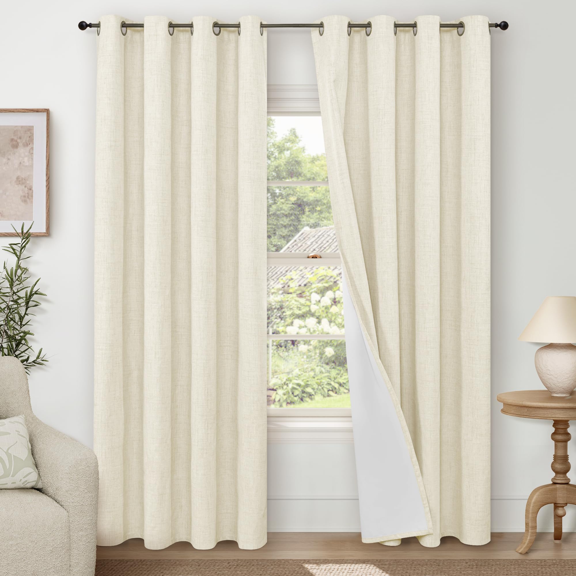 Lajode Cream 100% Blackout Curtains for Living Room 84 Inch Length 2 Panels Set, Thermal Insulated Light Blocking Faux Linen Curtains for Bedroom, Bronze Grommet Boho Window Drape Each 52" Wide โ image 1