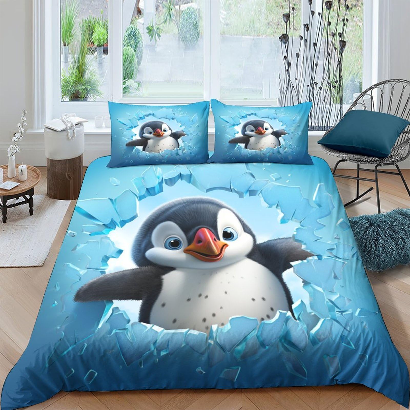 Housse de couette pingouin 3D 220x240 cm parure de lit microfibre avec taies