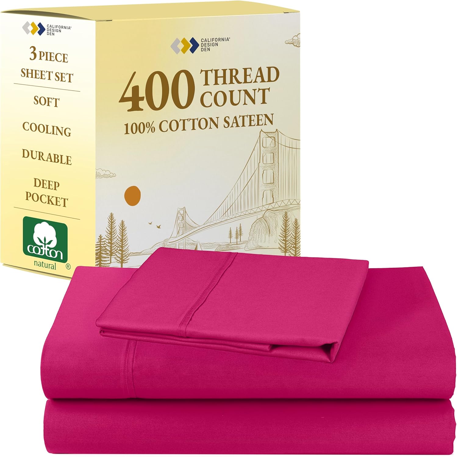 California Design Den Twin Sheet Set - 400 Thread Count Sateen, Natural 100% Cotton Cooling Sheets, Deep Pockets with All Around Elastic, Soft, Cool and Durable Bedding - Hot Pink