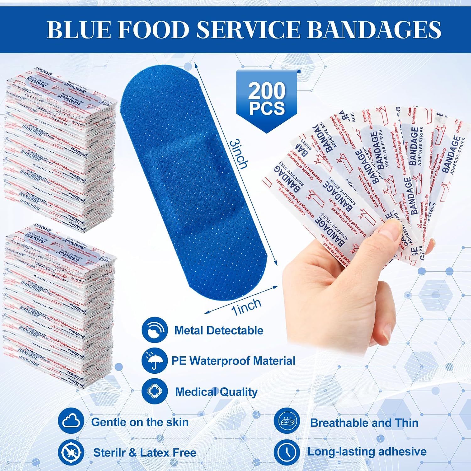 Geiserailie 200 Pcs Blue Metal Detectable Bandages Food Service 3"x1"