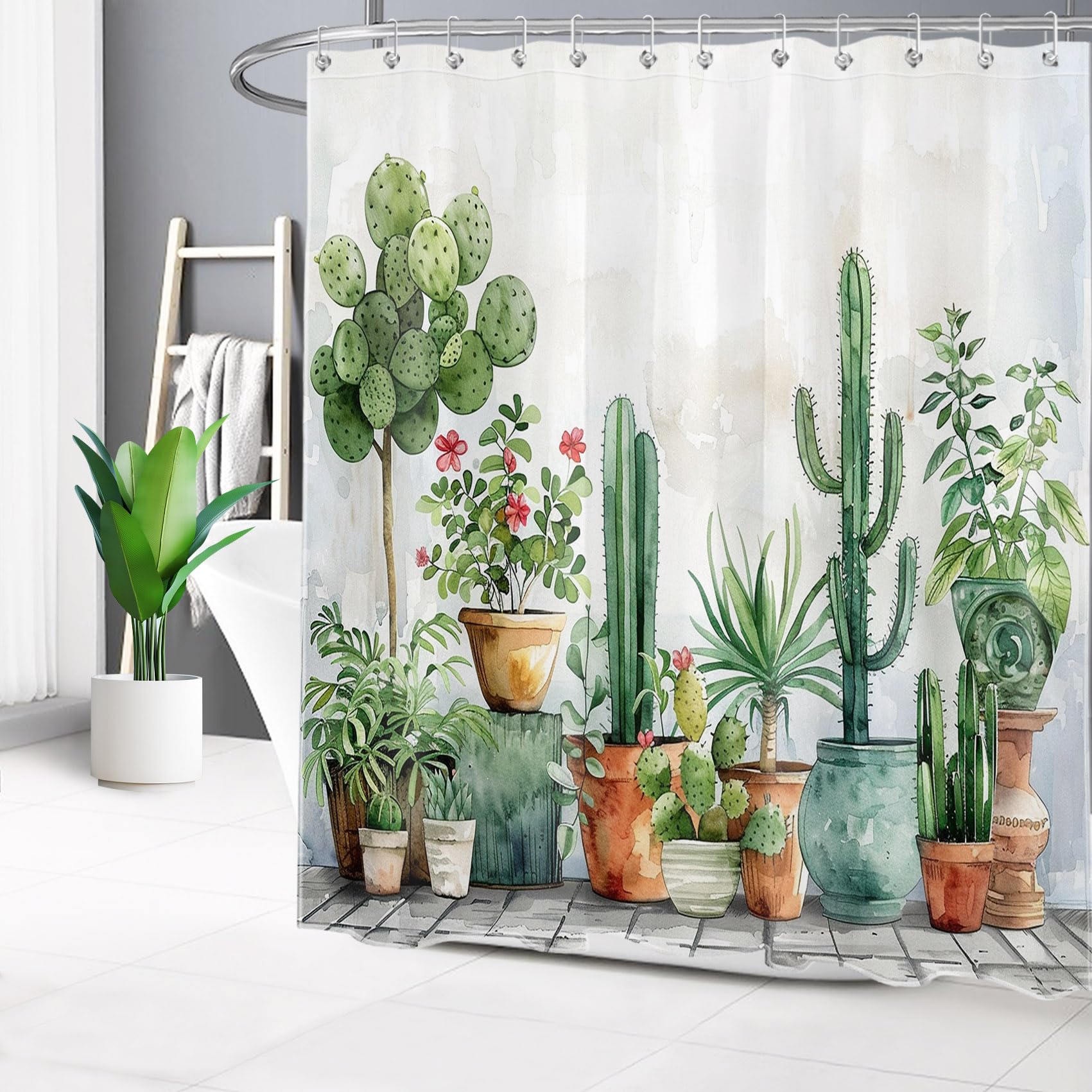 LB Green Shower Curtain Mould Proof Resistant- Garden Shower Curtains for Bathroom with 10PCS Hooks- Succulent Plants Polyester Waterproof Short Bath Curtain Set,71Lx59W inches - Image 3