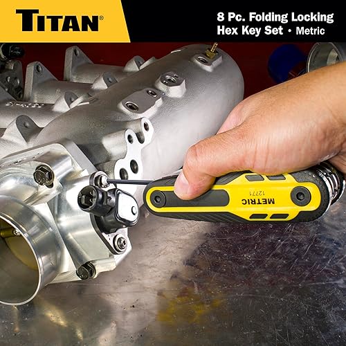 Miniatura 5 de Titan 12771 Juego de llaves Allen plegables métricas de 8 piezas, cerraduras de llave hexagonal de bloqueo a 90, 135 y 180 a través de dos botones,