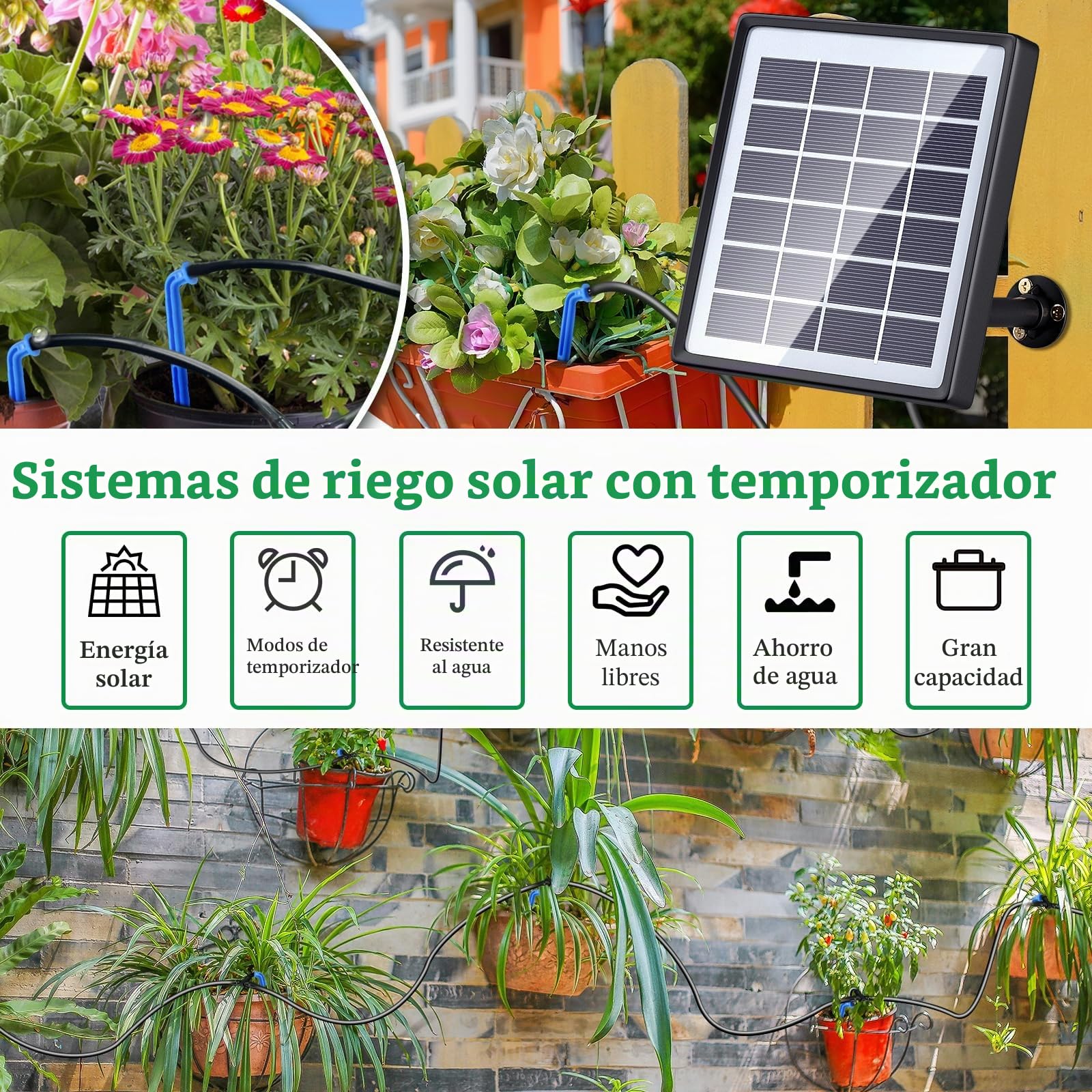 SoulBay Kit de Riego Automático Solar con Temporizador de 12 Modos y Tubo de 150 cm para Plantas en Macetas de Jardín, Interiores y Exteriores